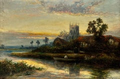 Óleo inglés eduardiano Paisaje fluvial con iglesia al atardecer