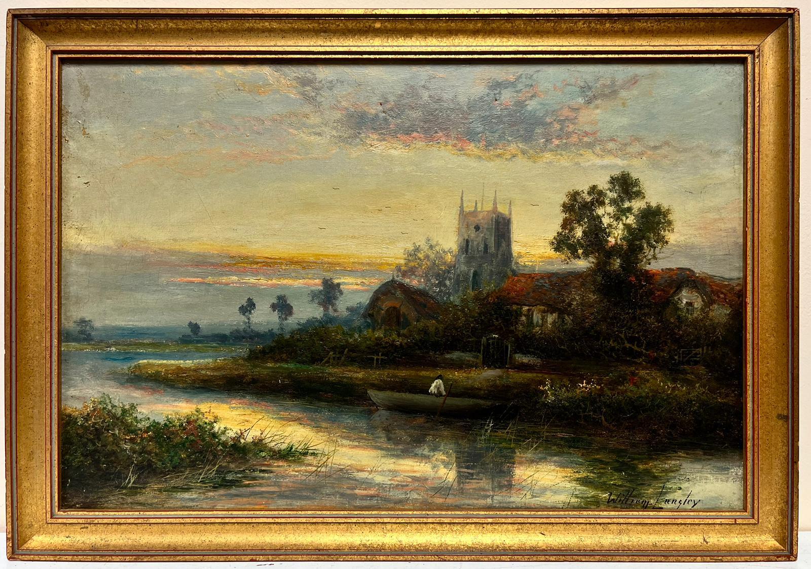 Landscape Painting de William Langley - Óleo inglés eduardiano Paisaje fluvial con iglesia al atardecer