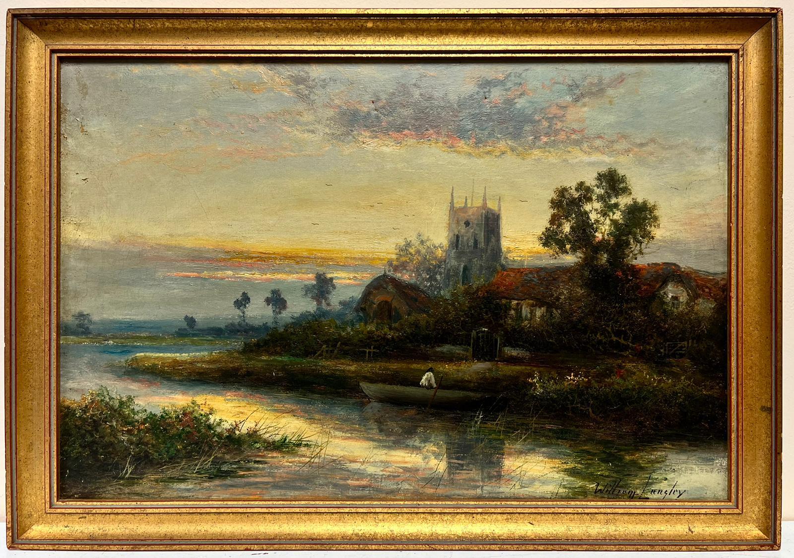 William Langley Landscape Painting - Fine Edwardian English Oil Painting River Landscape with Church at Sunset