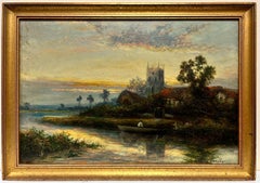 Fine Edwardian English Oil Painting River Landscape with Church at Sunset