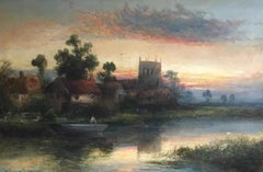 Hazy Sunset, Antique English Landscape Scene, Signed