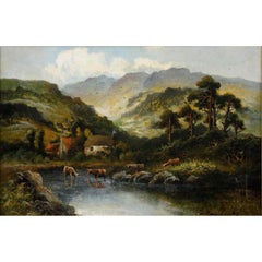 William Langley (fl.1880-1920) - Siglo XX Óleo, Ganado bebiendo en un río