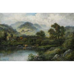 William Langley (fl.1880-1920) - Siglo XX Óleo, Ganado bebiendo en el valle