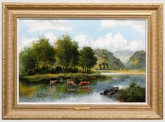 William Langley (fl.1880-1920) - Framed Oil, Cattle Watering in the Highlands