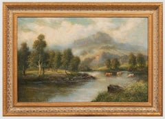 William Langley (fl.1880-1920)- Framed Oil, River Landscape with Cattle Watering