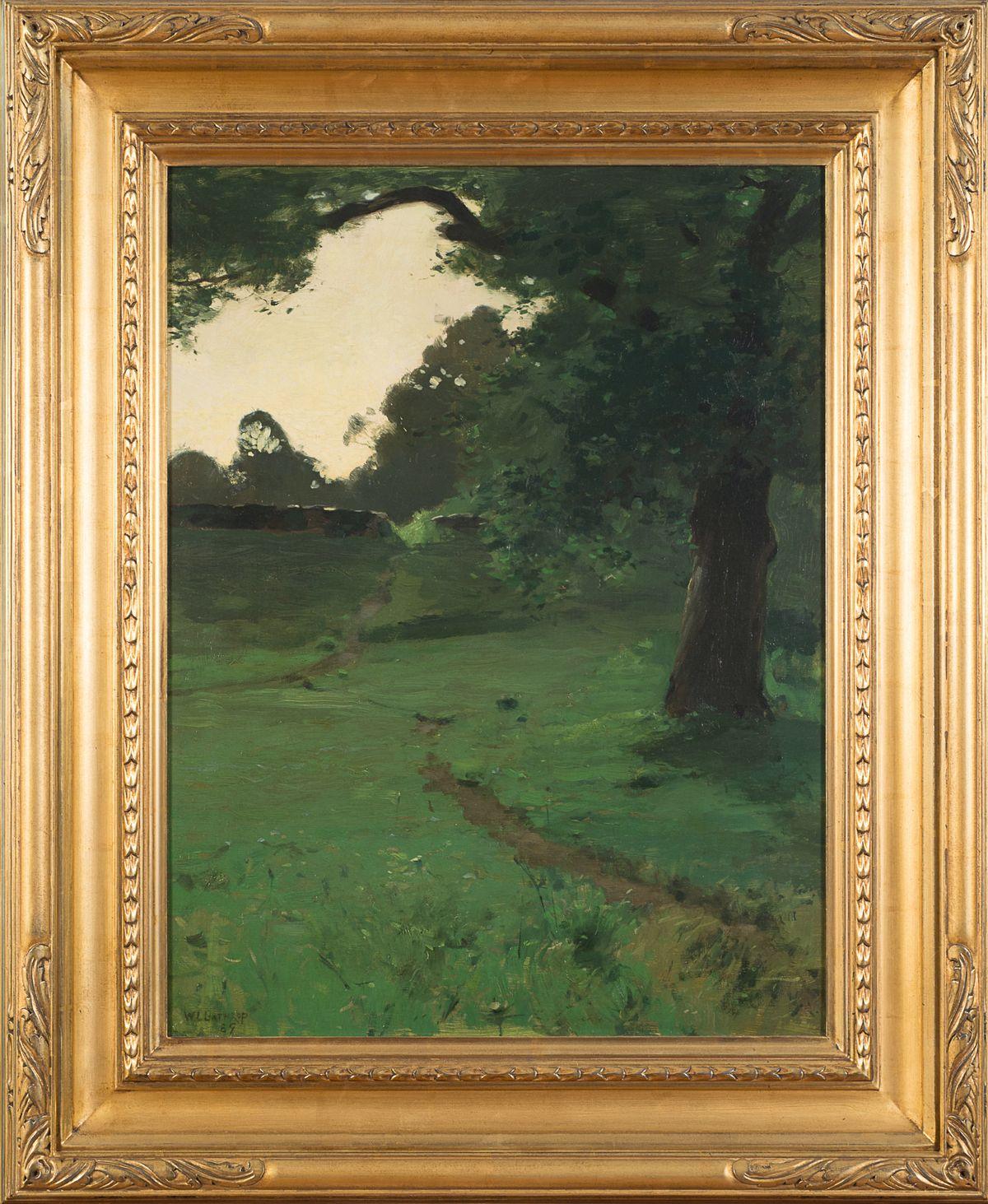 WILLIAM LANGSON LATHROP (1859–1938)
View of a Path Through a Glade at Dusk
Oil on canvas
25 ¼ x 19 inches
Signed and dated 1889, lower left

American Tonalist and Impressionist painter William Langston Lathrop was a founder of the art colony at New
