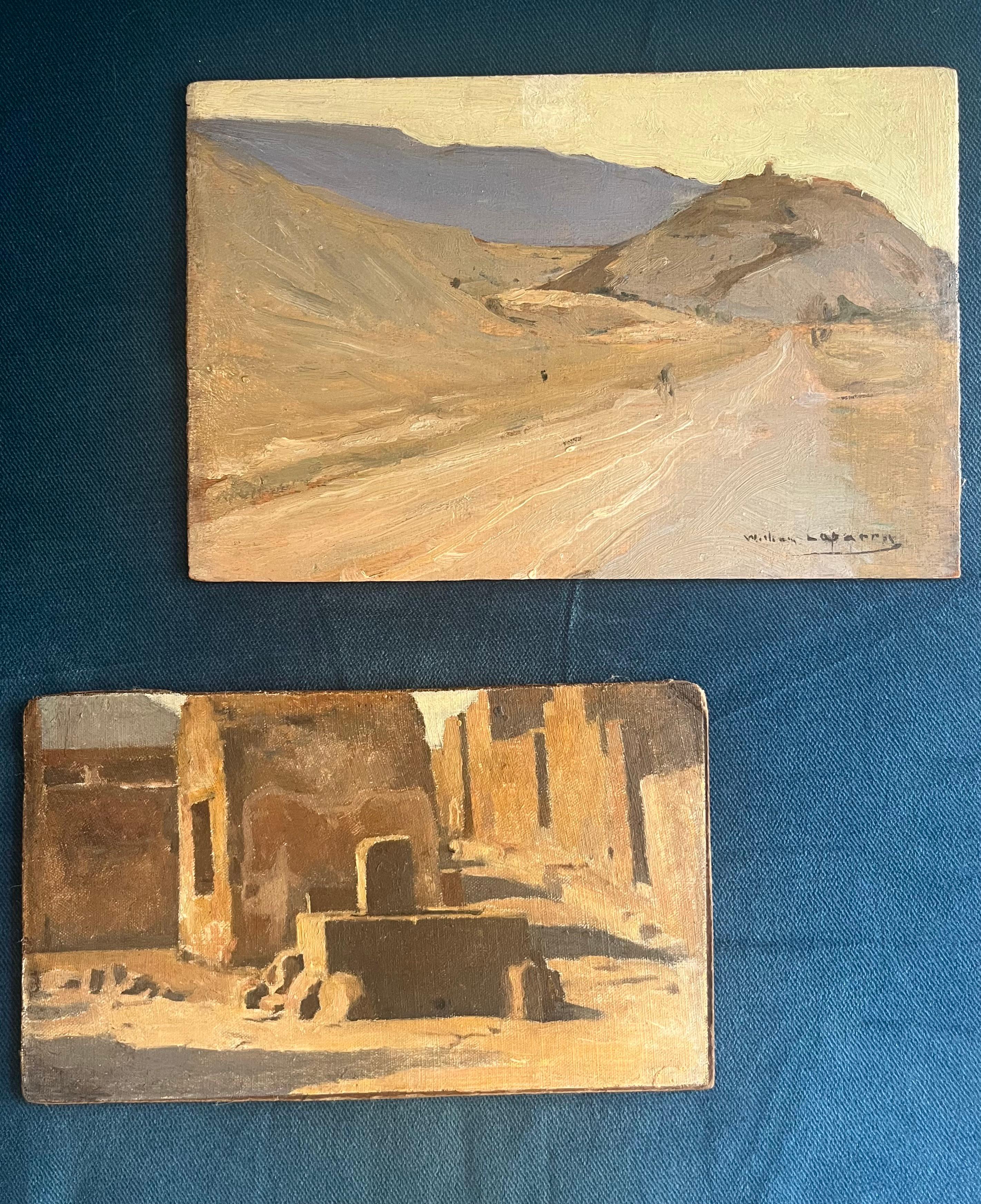Deux paysages - Crépuscule à Tiermas et Vue de ruines en Tunisie - Marron Landscape Painting par William Laparra