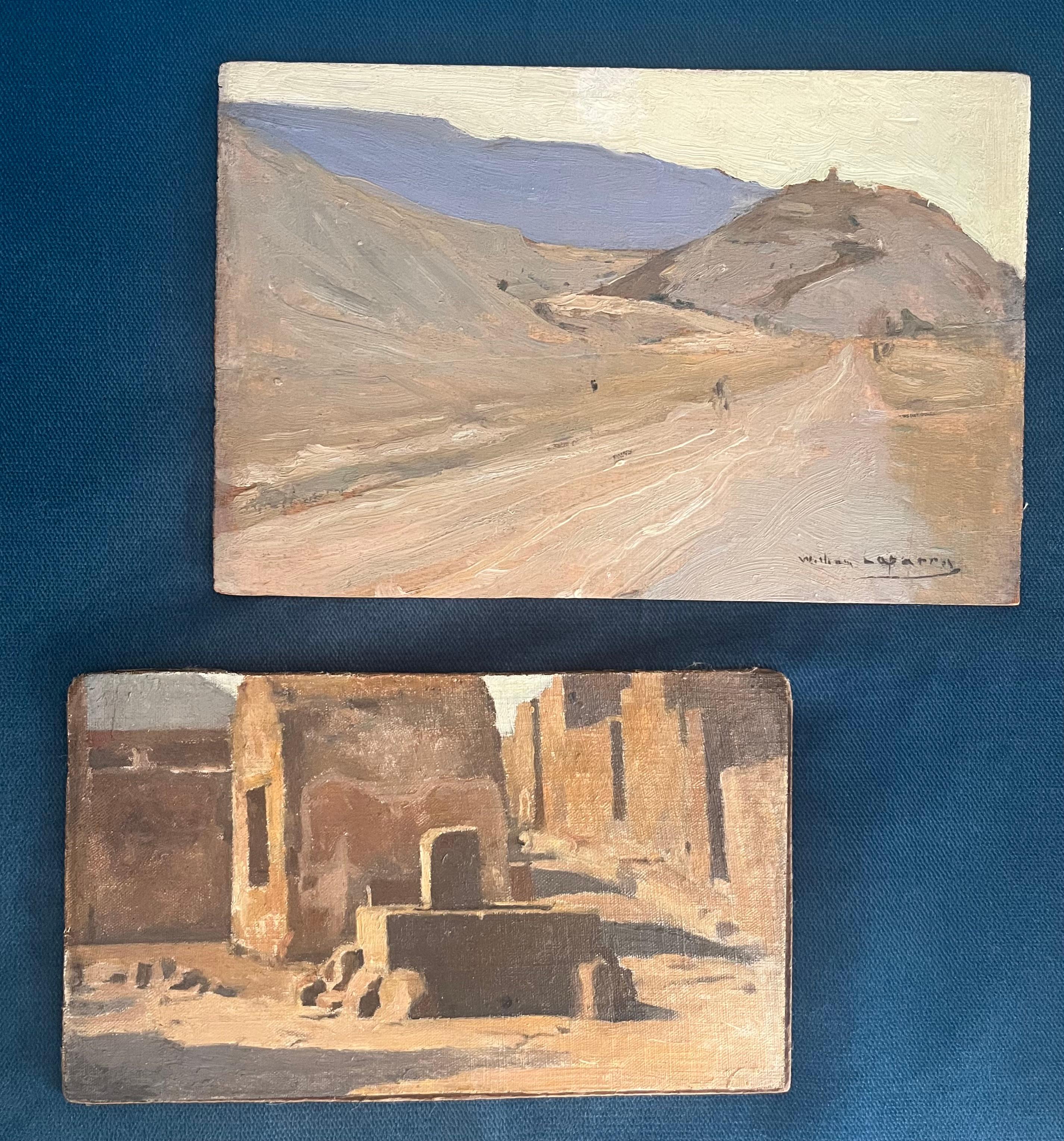 William Laparra (1873 - 1920)

Crépuscule à Tiermas, Espagne
Huile sur bois

Signé en bas à droite
Situé sur l'étiquette au verso
17.6 x 27 cm

Paysage de ruines, Tunisie ?   
Huile sur toile montée sur carton 
Non signée.   
13.7 x 23.4 cm

Les