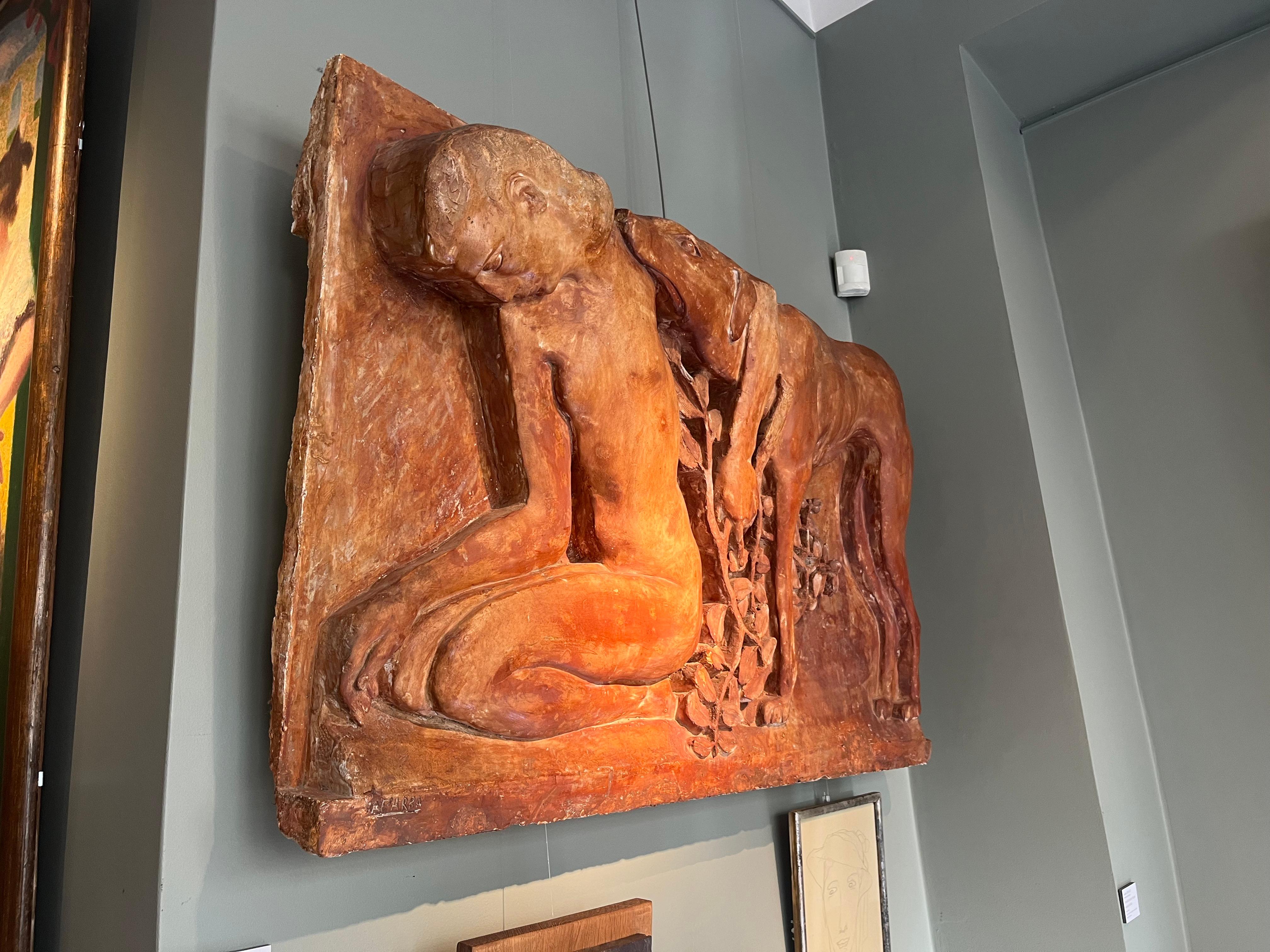 William Laparra (Bordeaux 1873 - Hecho 1920)

Untitled
Tinted plaster high-relief
67,7 x 120,1 x 14,8 cm
= 26.7 × 47.3 × 5.8 in
Signed lower left

An elegant high-relief depicting a young naked woman kneeling, her chest leaning forward in a