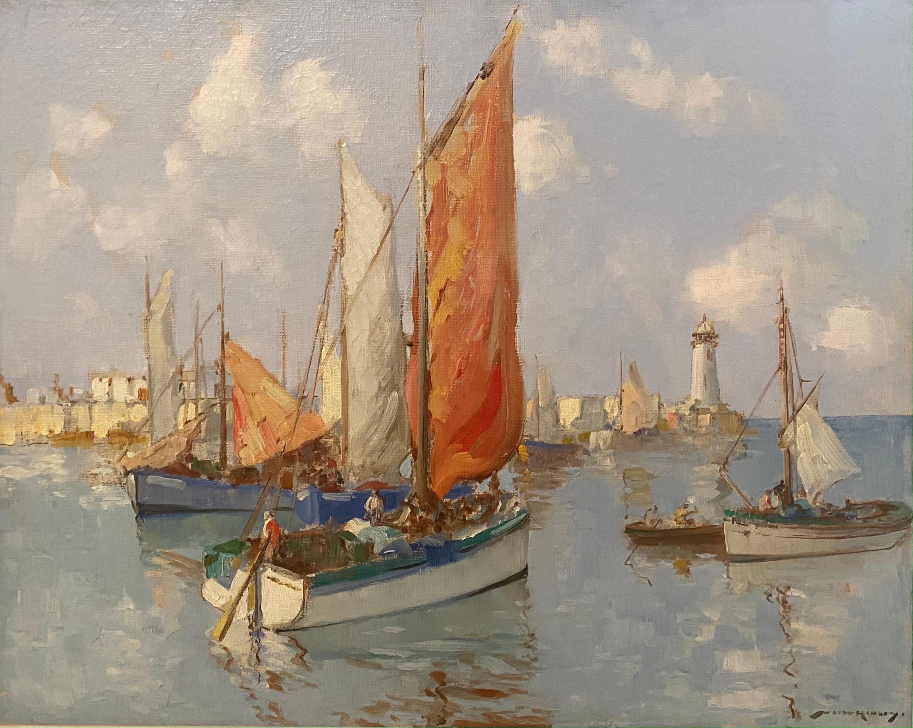 'Boats in the Harbour' Colourful 20th Century Figurative Painting of Fishing Boats in a harbour. Blues, reds and oranges. 

William Lee Hankey was born in Chester. Married to Mabel Lee Hankey and then Edith Garner. Studied at Chester School of Art