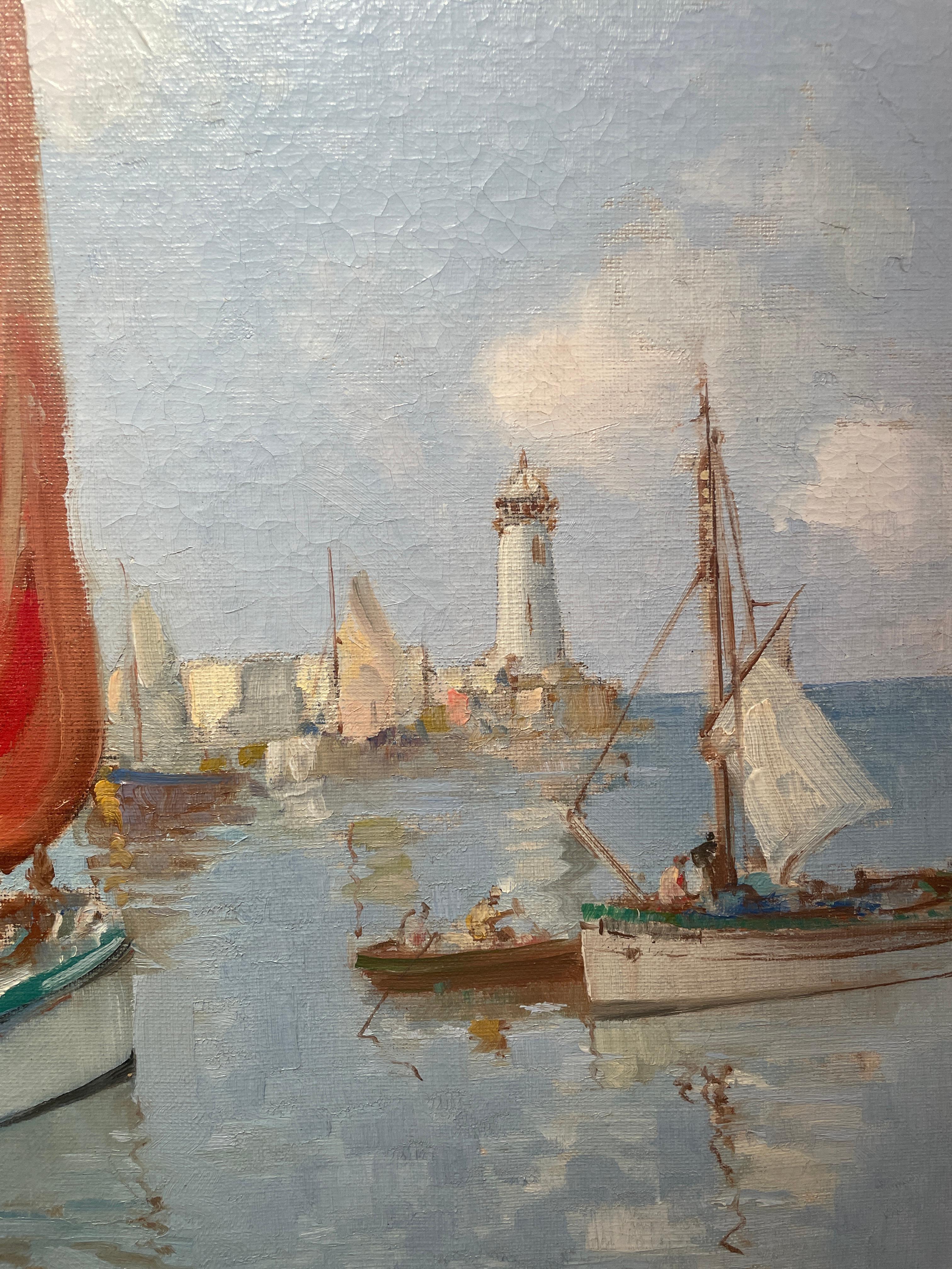 'Boats in the Harbour' 20th Century Figurative Painting of Fishing Boats, water For Sale 1