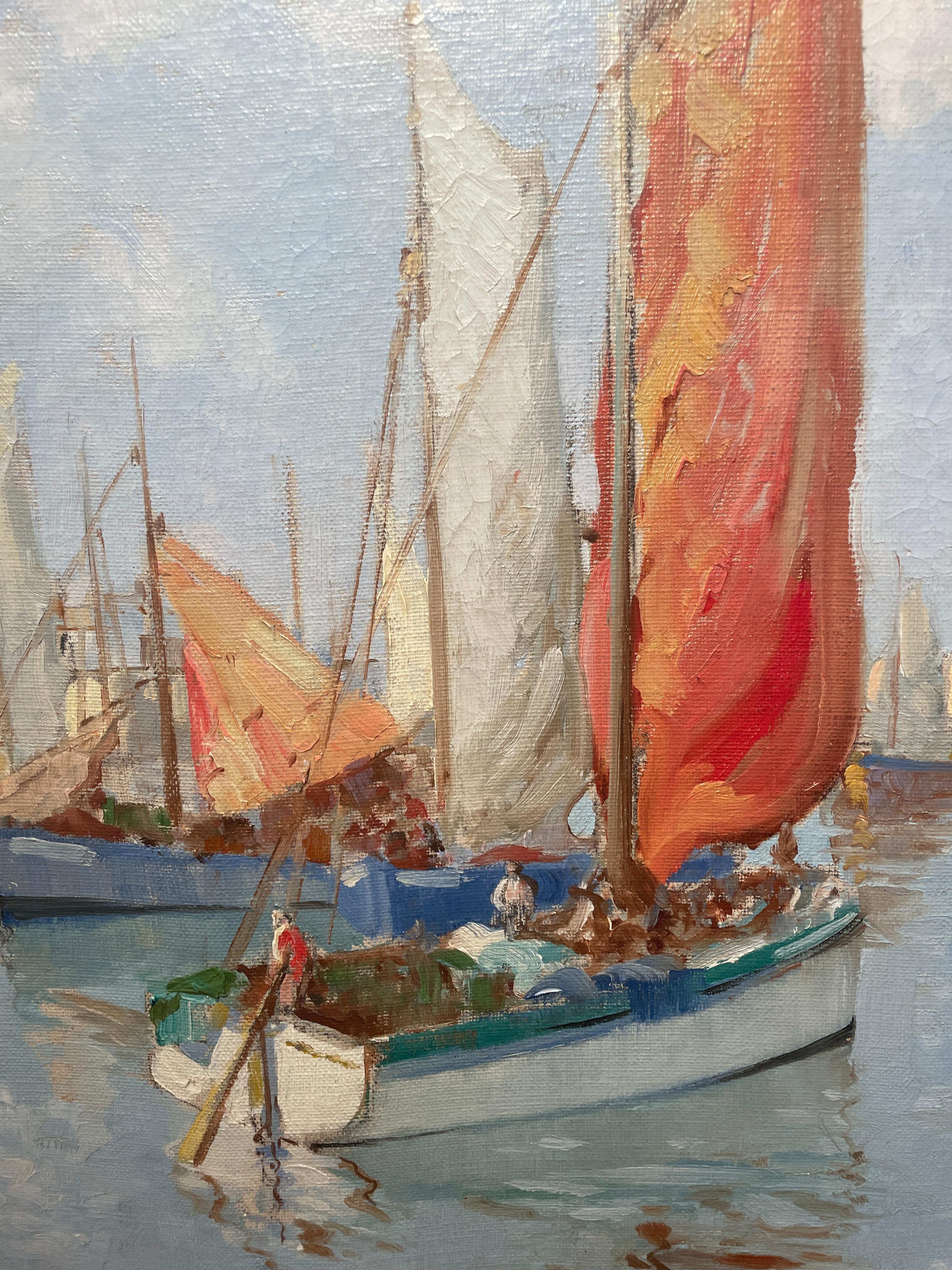 'Boats in the Harbour' 20th Century Figurative Painting of Fishing Boats, water For Sale 2
