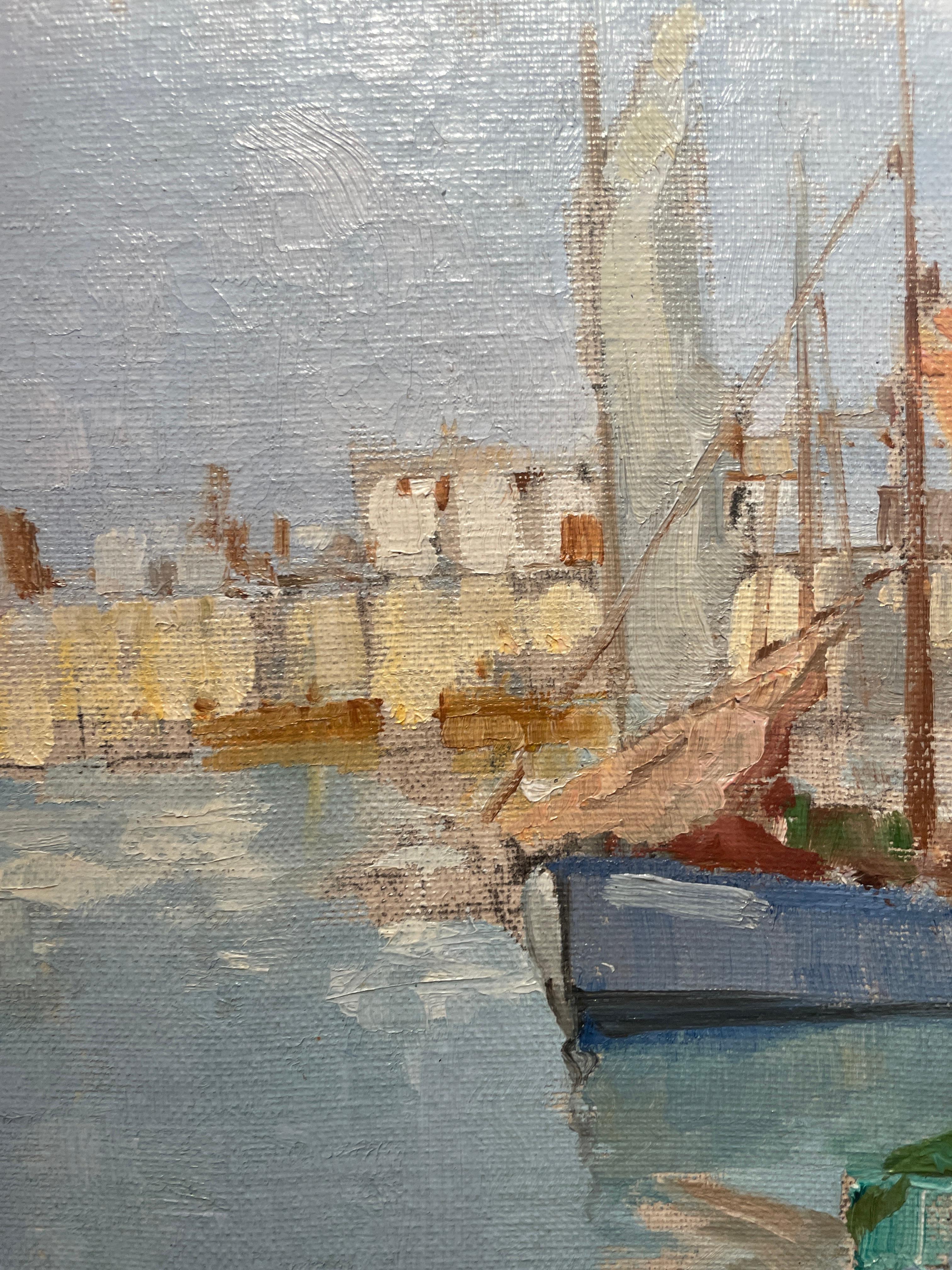 'Boats in the Harbour' 20th Century Figurative Painting of Fishing Boats, water For Sale 3