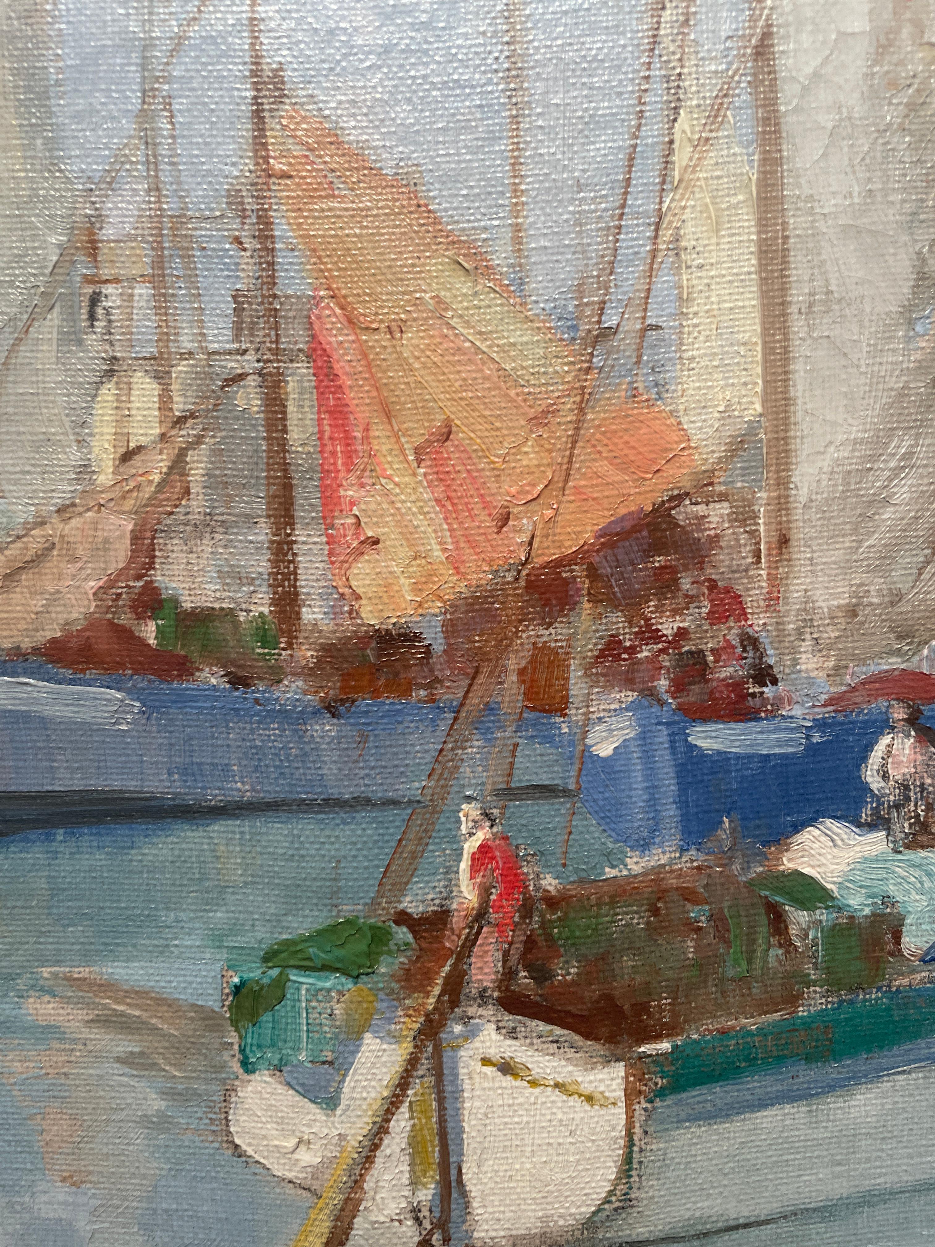 'Boats in the Harbour' 20th Century Figurative Painting of Fishing Boats, water For Sale 4