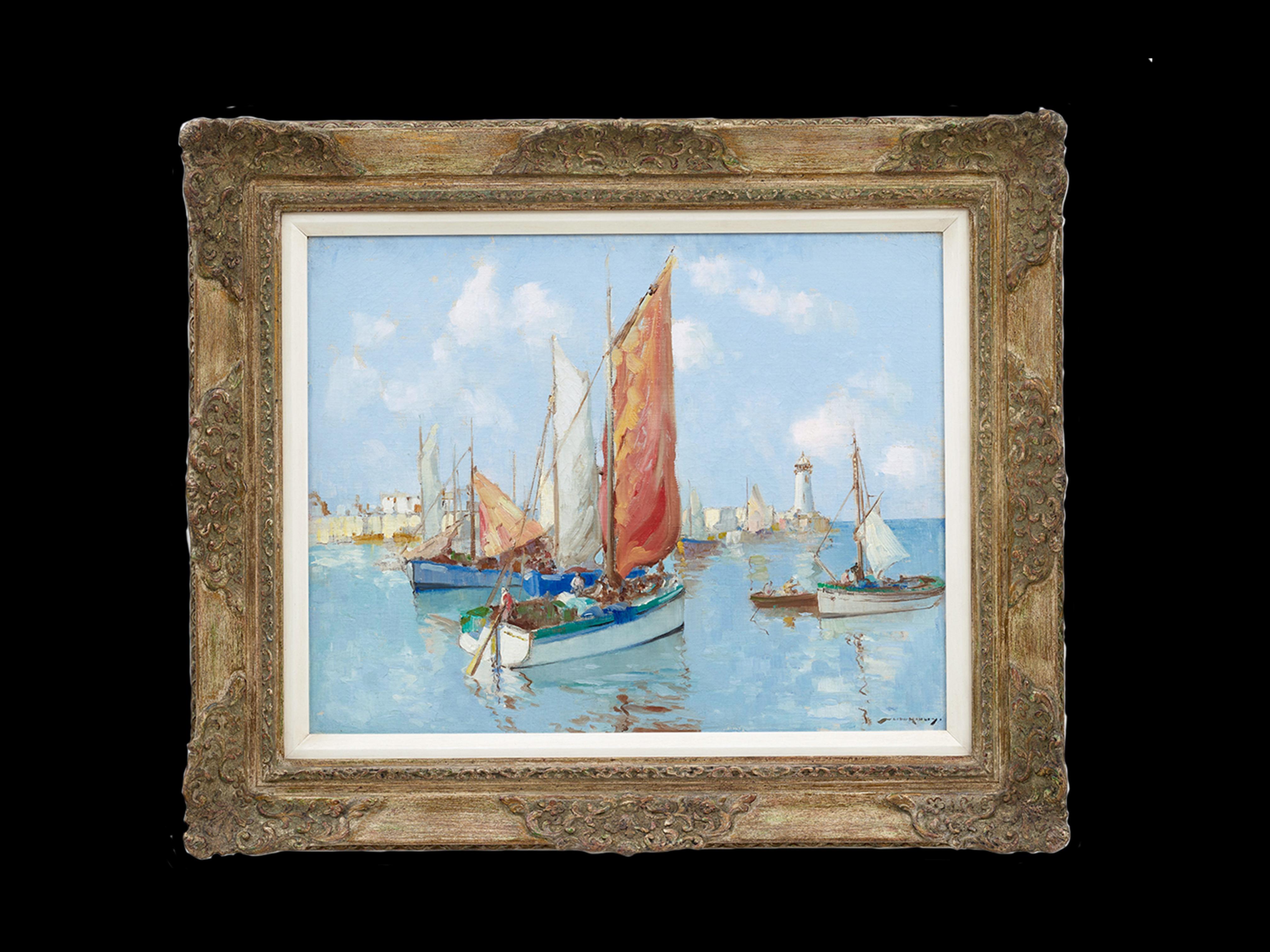 Bateaux dans le port Scène côtière de voiliers, eau bleue, figures, voiles rouges - Painting de William Lee Hankey