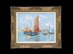 Boats in the Harbour Coastal Scene of Sail Boats, Blue Water, Figures, Red sails