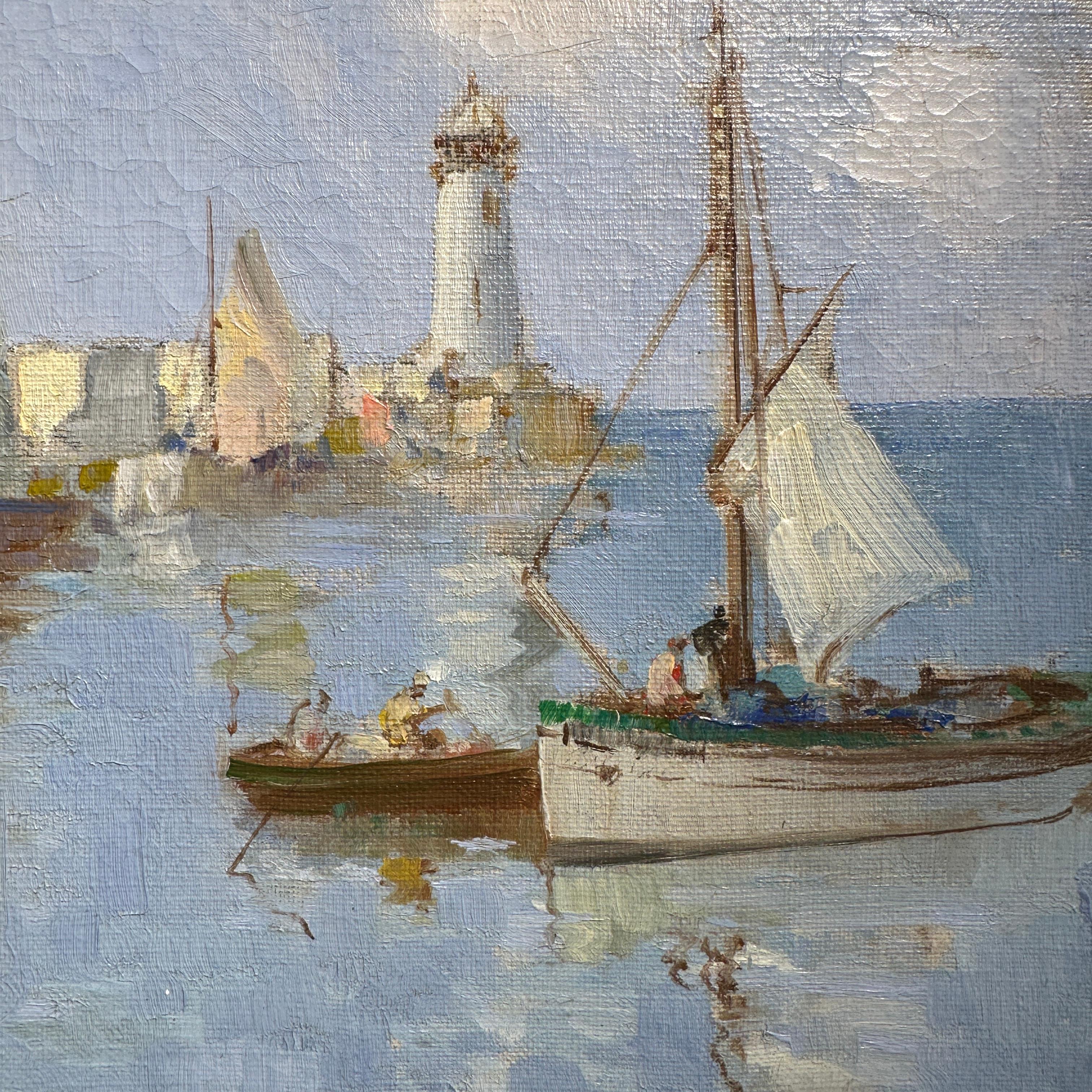 Boote im Hafen Küstenszene mit Segelbooten, blauem Wasser, Figuren, roten Segeln (Impressionismus), Painting, von William Lee Hankey