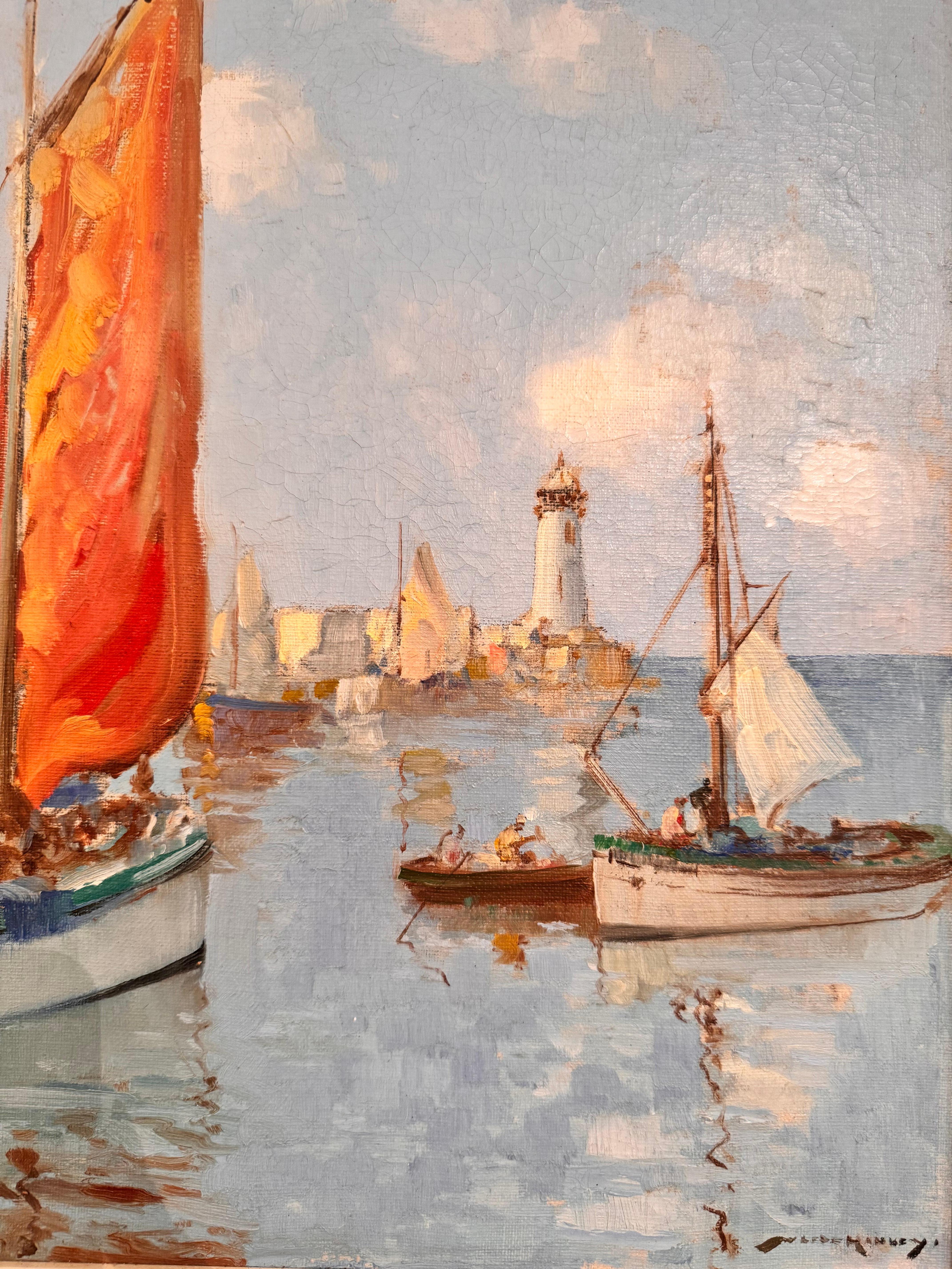 Bateaux dans le port Scène côtière de voiliers, eau bleue, figures, voiles rouges - Bleu Landscape Painting par William Lee Hankey