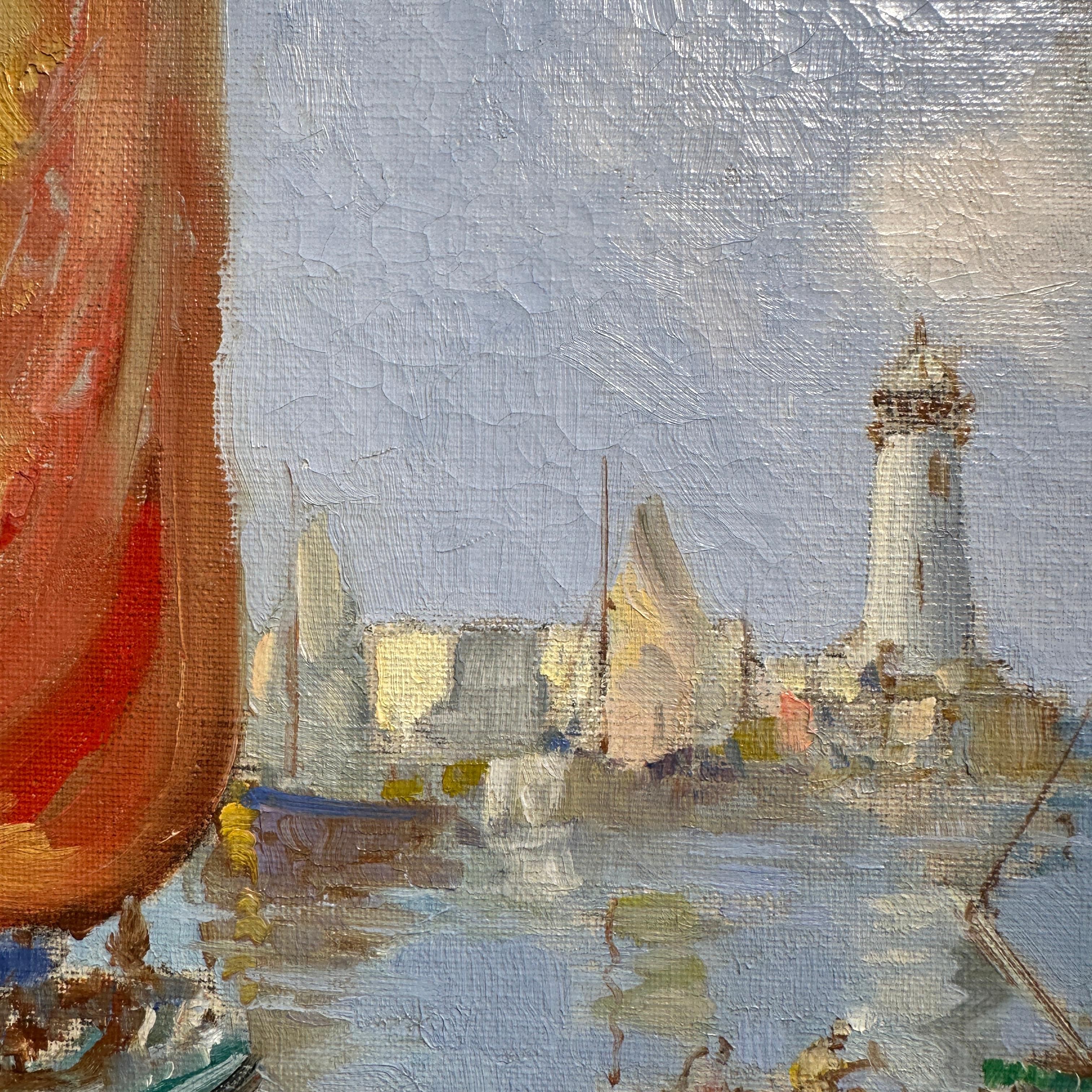 Boote im Hafen Küstenszene mit Segelbooten, blauem Wasser, Figuren, roten Segeln (Blau), Landscape Painting, von William Lee Hankey