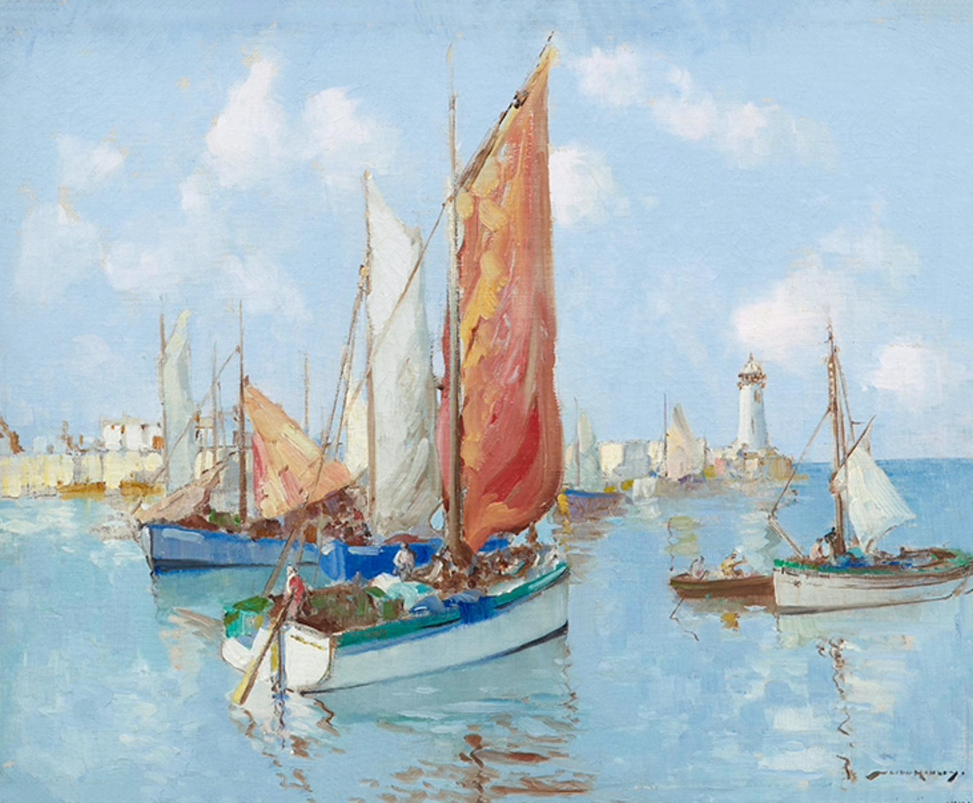 Boote im Hafen Küstenszene mit Segelbooten, blauem Wasser, Figuren, roten Segeln