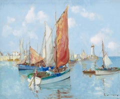 Bateaux dans le port Scène côtière de voiliers, eau bleue, figures, voiles rouges