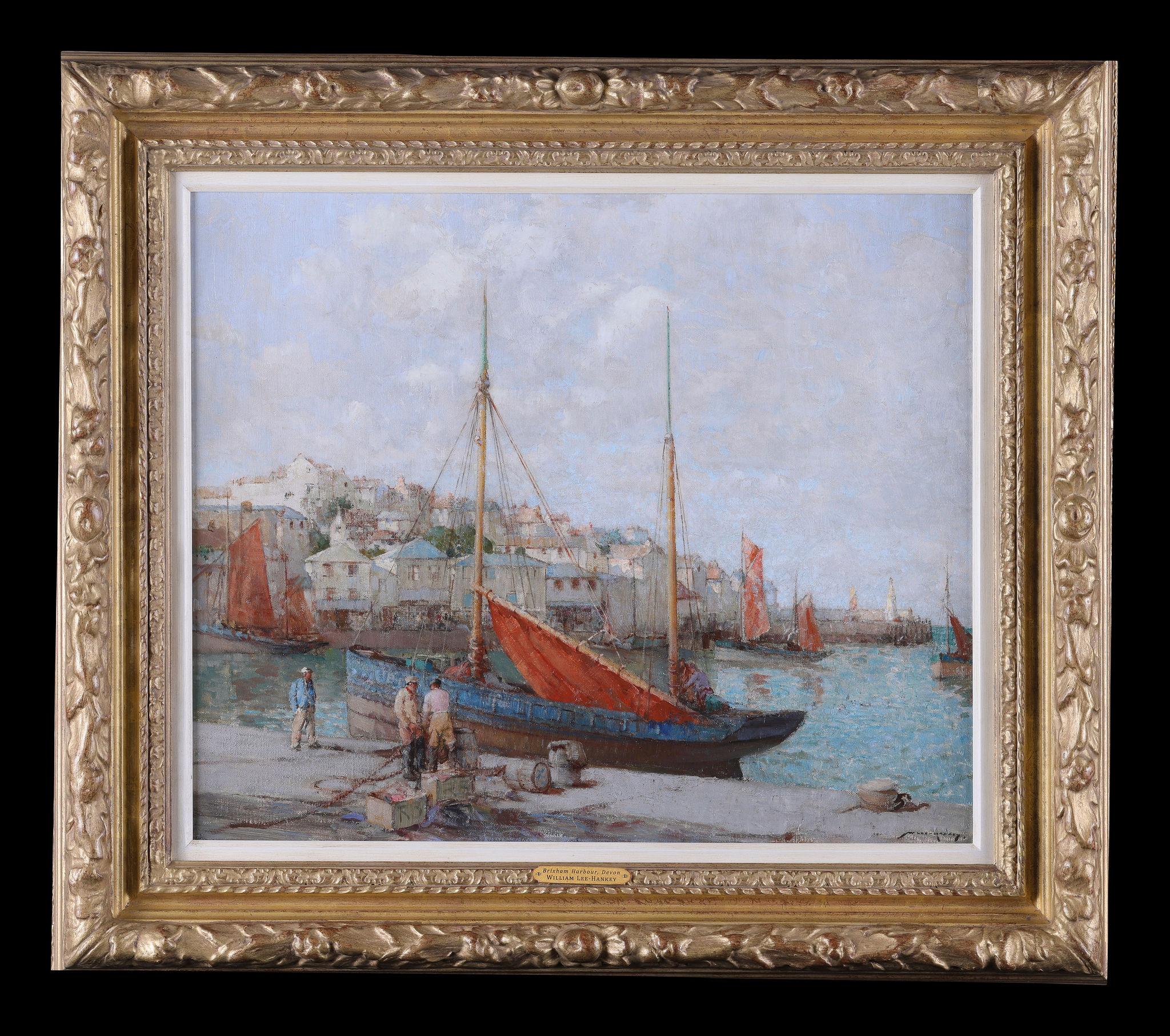 'Brixham Harbour, Devon' an antique oil painting - Painting by William Lee Hankey
