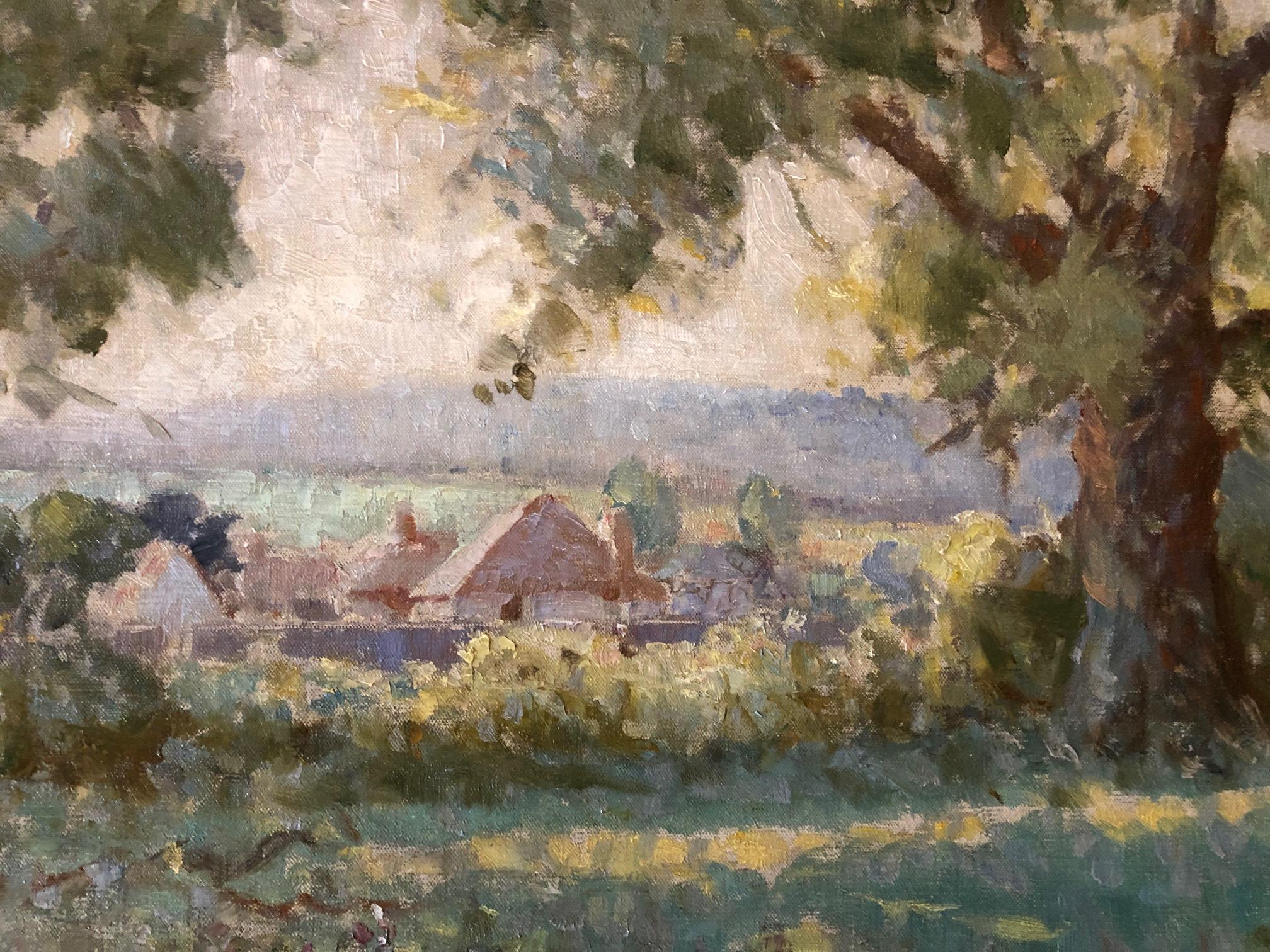 Findon, Sussex, englische impressionistische Öl-Sonnenskulptur mit Bäumen, Feldern und Gebäuden