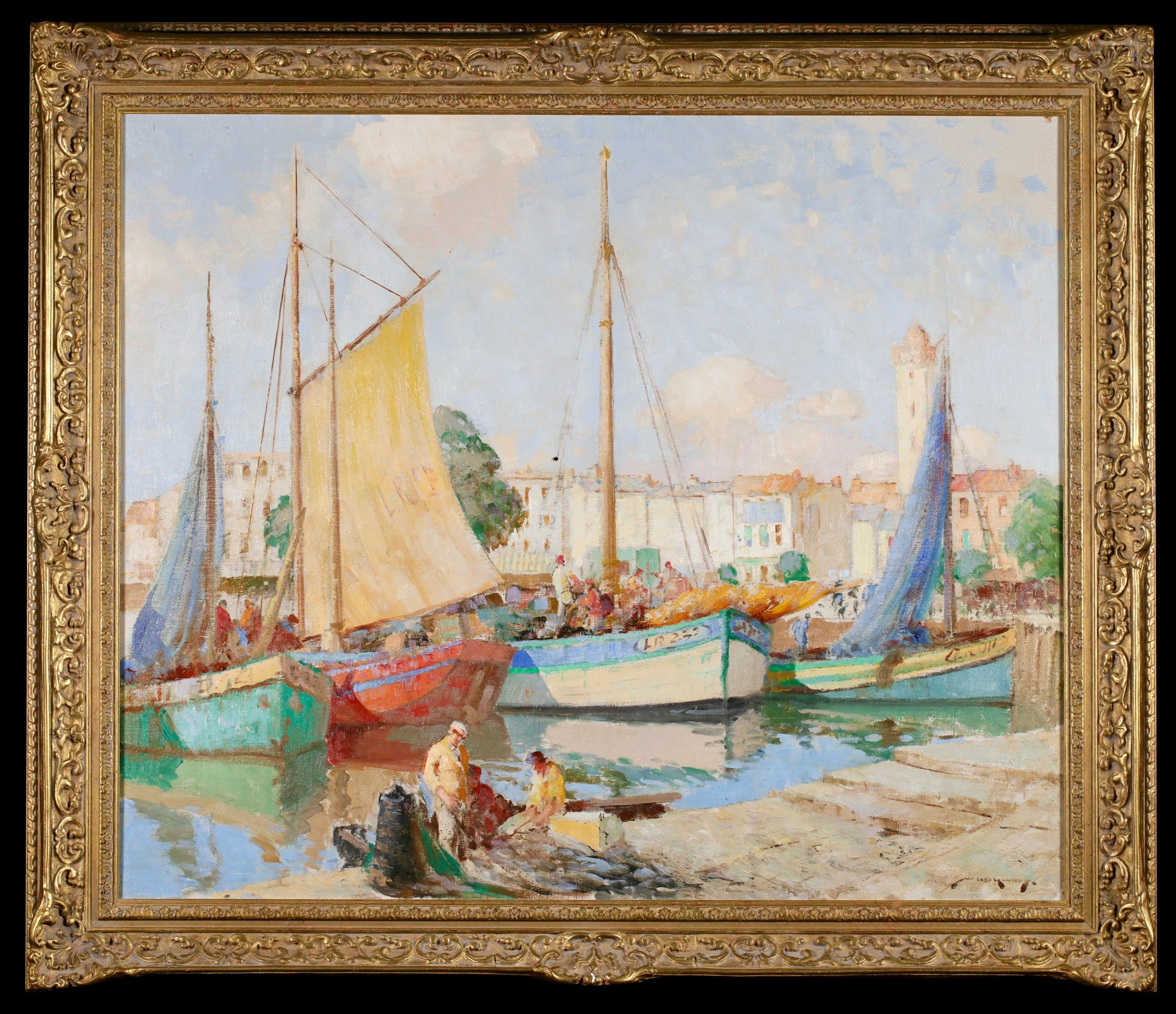Signierte Figuren in Landschaft Öl auf Leinwand circa 1920 von britischen postimpressionistischen Maler William Lee Hankey. Das Werk zeigt Segelboote in La Rochelle, einer Hafenstadt im Golf von Biskaya, an einem strahlenden