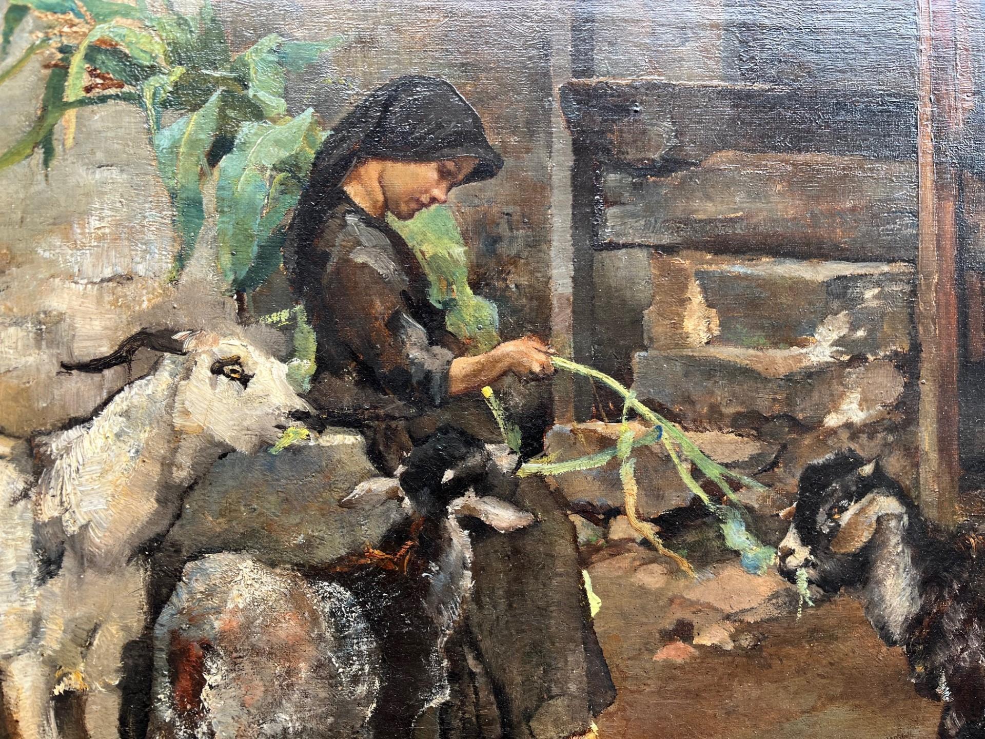 Large Impressionist Oil of young girl goat herder and 3 goats in farmyard - Painting by William Lee Hankey