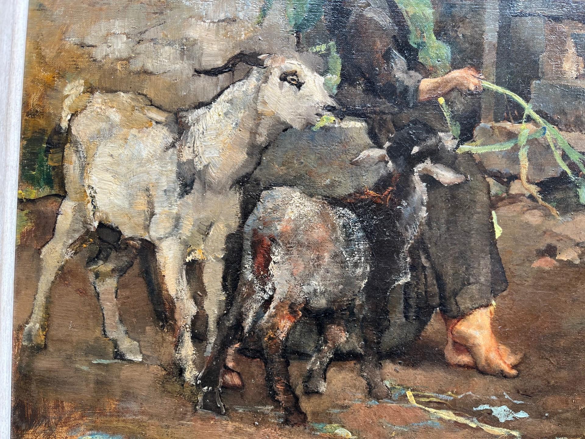 Pintura al óleo impresionista victoriana de una joven y 3 cabras en un corral - Painting Impresionista de William Lee Hankey