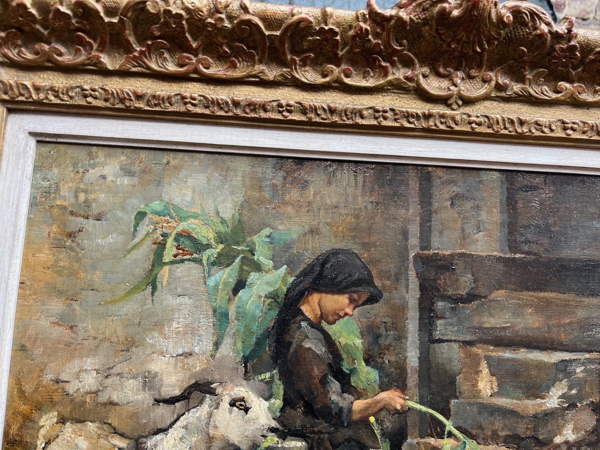 Pintura al óleo impresionista victoriana de una joven y 3 cabras en un corral - Figurative Painting Marrón de William Lee Hankey