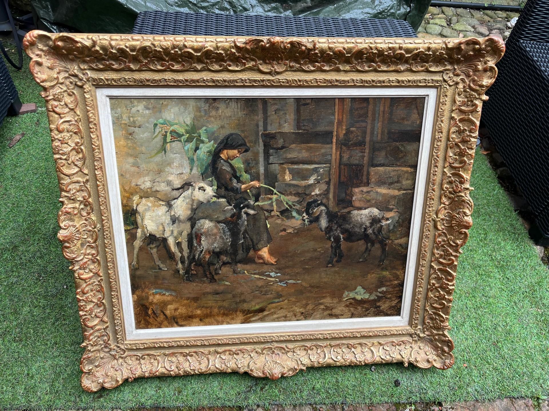 Large Impressionist Oil of young girl goat herder and 3 goats in farmyard For Sale 3
