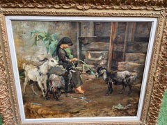 Grande huile impressionniste représentant une jeune fille en herbe de chèvre et 3 chèvres dans une ferme