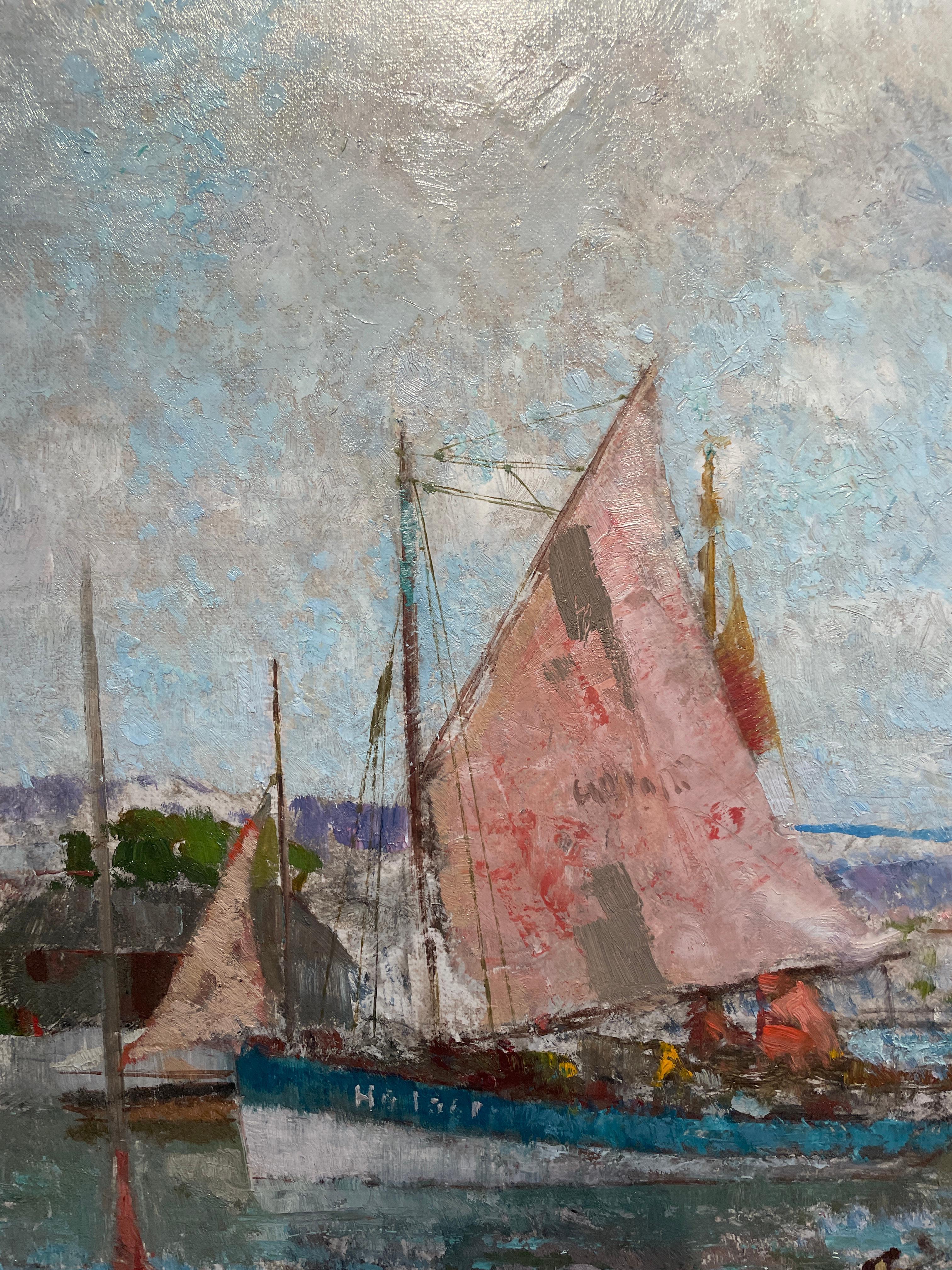 'Red Sails at Honfleur' 20th Century Figurative painting of boats in a harbour - Painting by William Lee Hankey