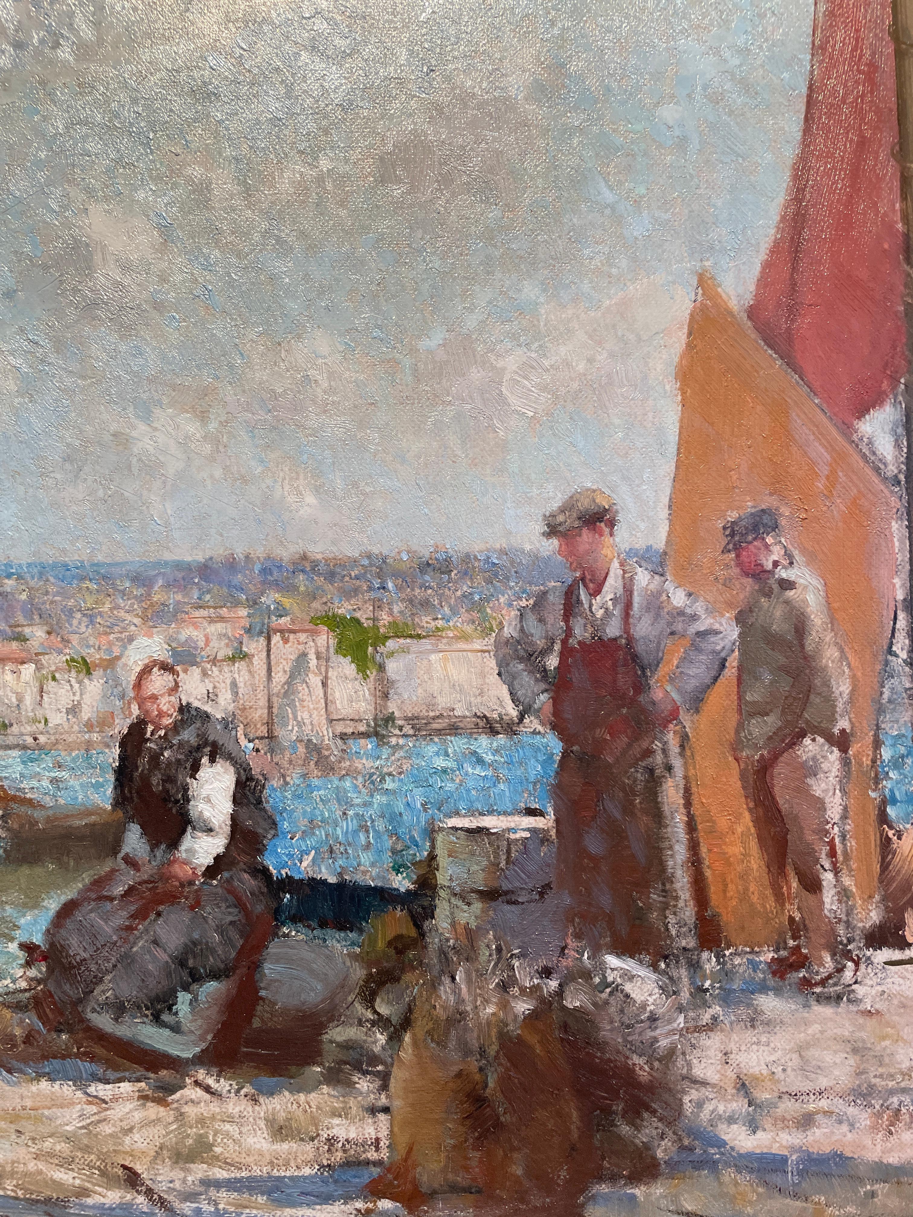 'Red Sails at Honfleur' 20th Century Figurative painting of boats in a harbour - Impressionist Painting by William Lee Hankey
