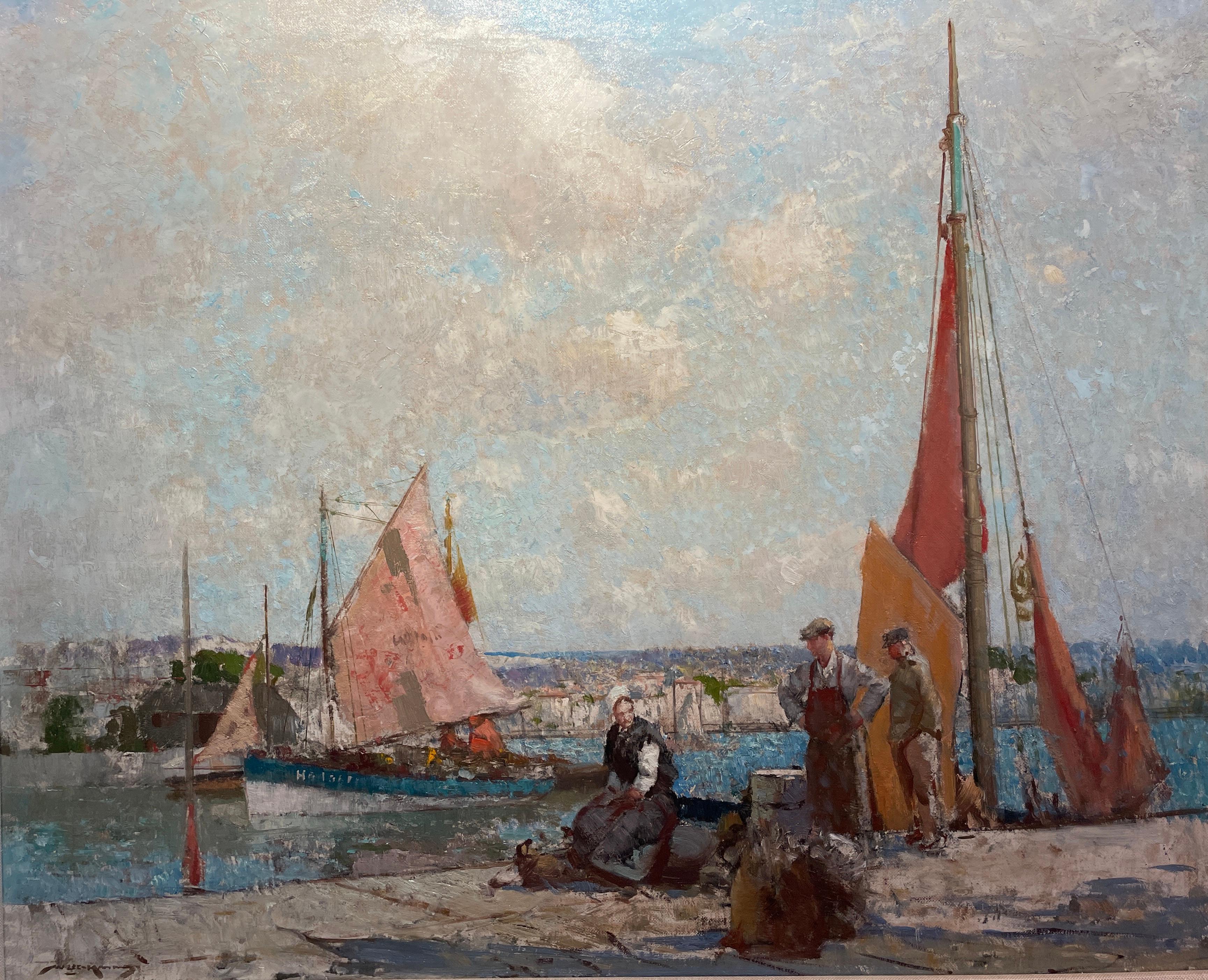 'Red Sails at Honfleur' 20th Century Figurative painting of boats in a harbour For Sale 1
