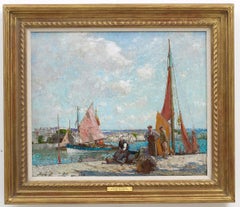 'Red Sails at Honfleur' 20th Century Figurative painting of boats in a harbour