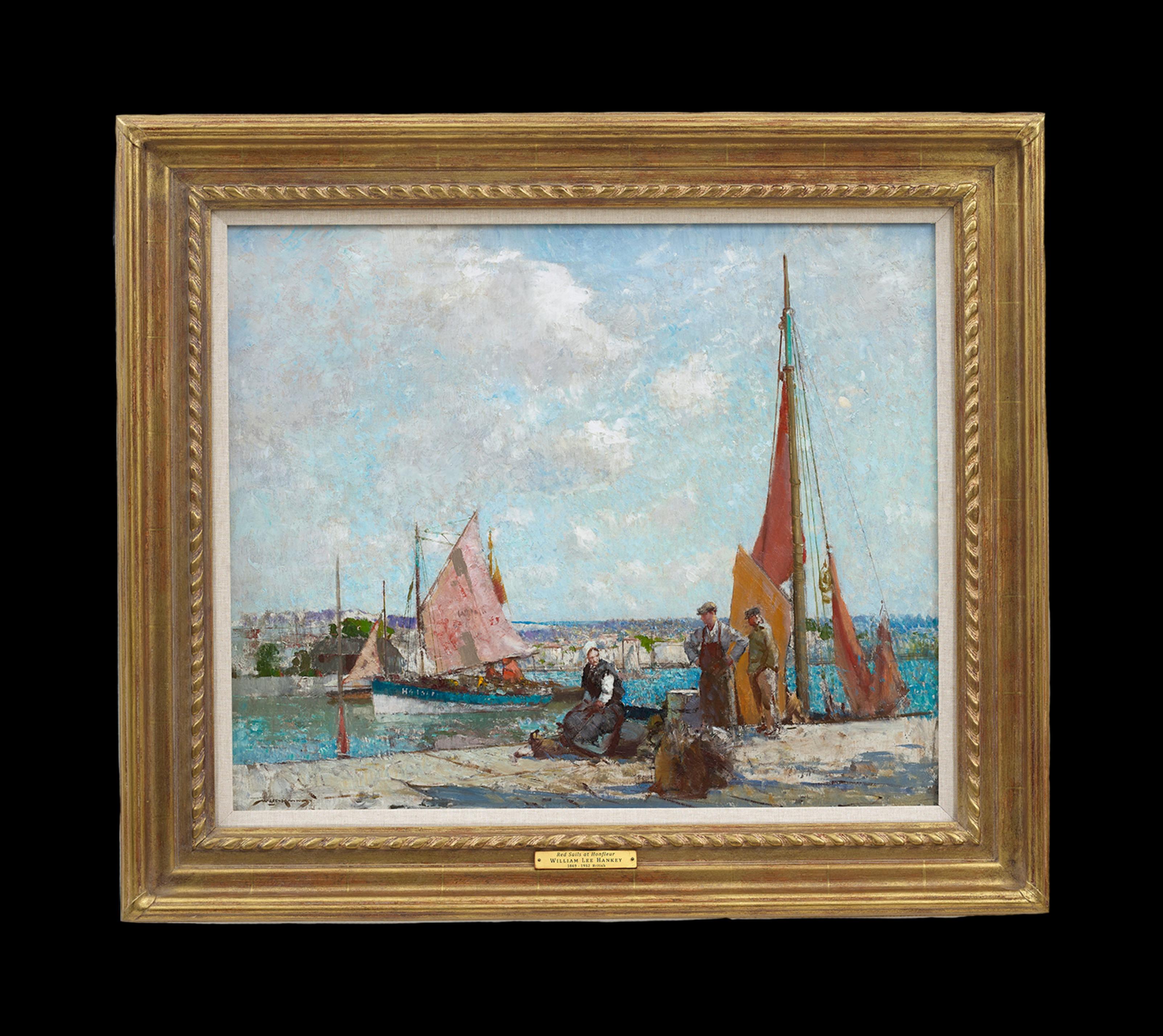 Voiles rouges au port de Honfleur Peinture impressionniste, figures, bateaux, rouge, bleu - Painting de William Lee Hankey
