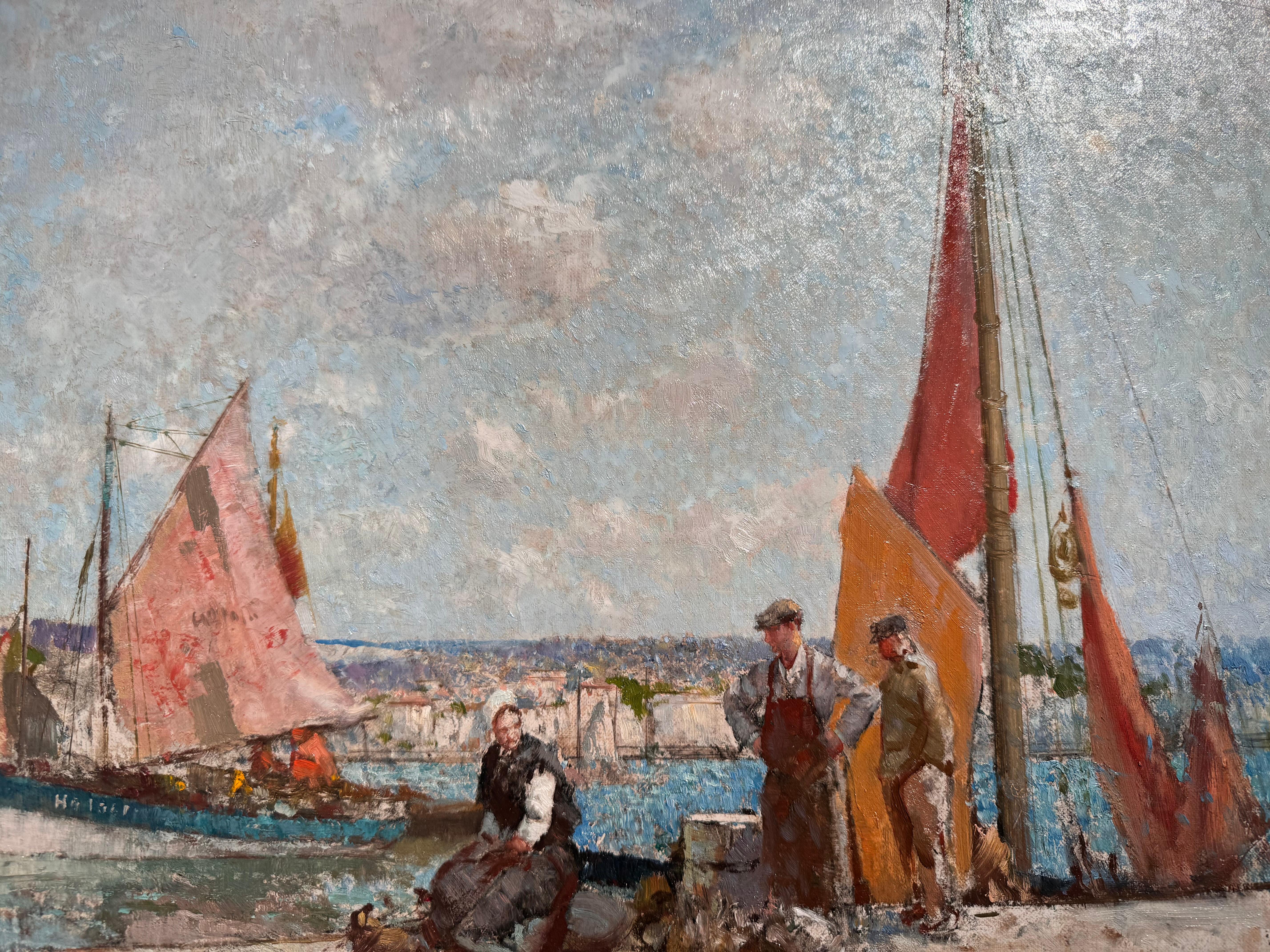 Voiles rouges au port de Honfleur Peinture impressionniste, figures, bateaux, rouge, bleu - Impressionnisme Painting par William Lee Hankey