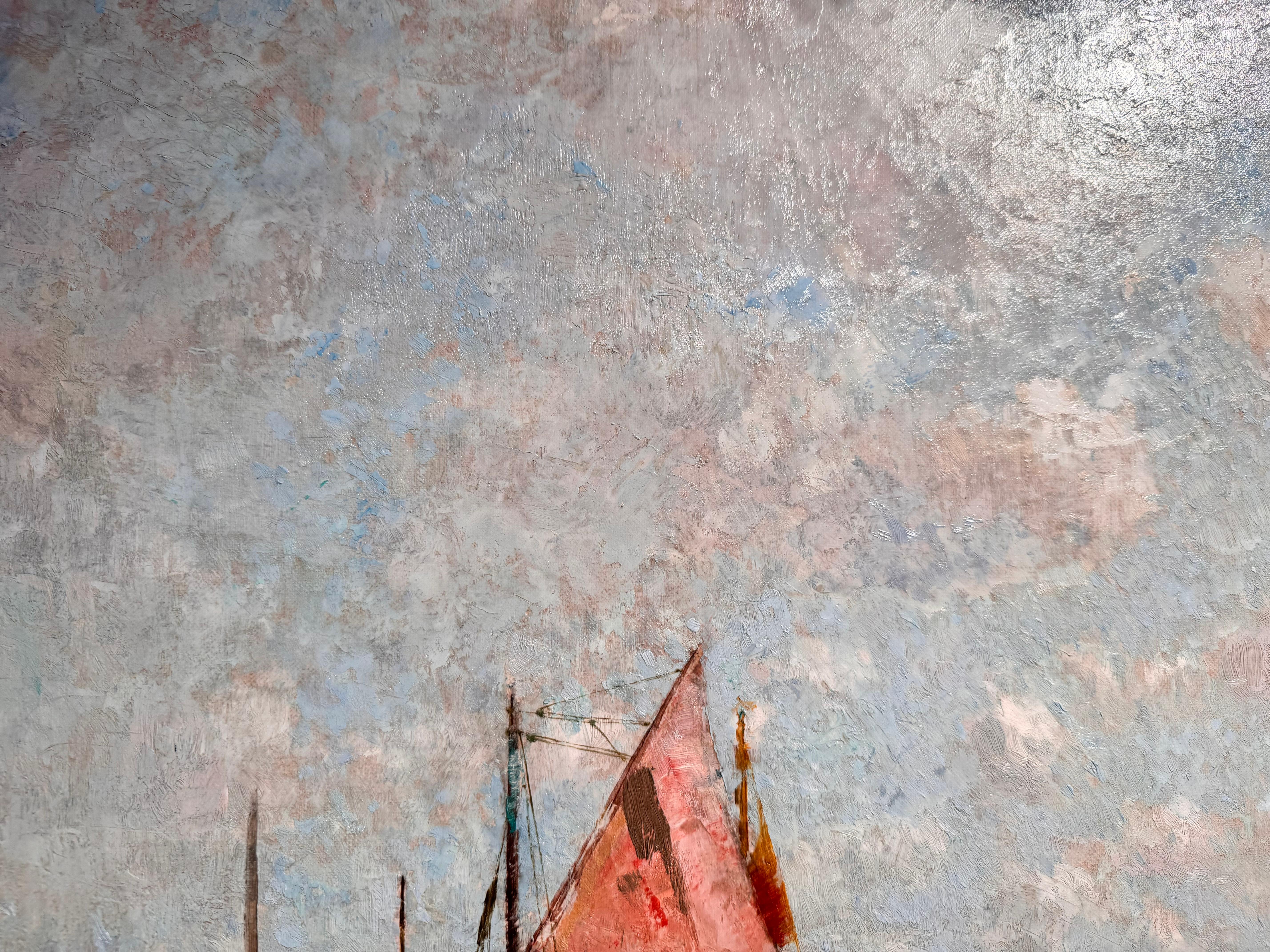 Voiles rouges au port de Honfleur Peinture impressionniste, figures, bateaux, rouge, bleu - Gris Landscape Painting par William Lee Hankey