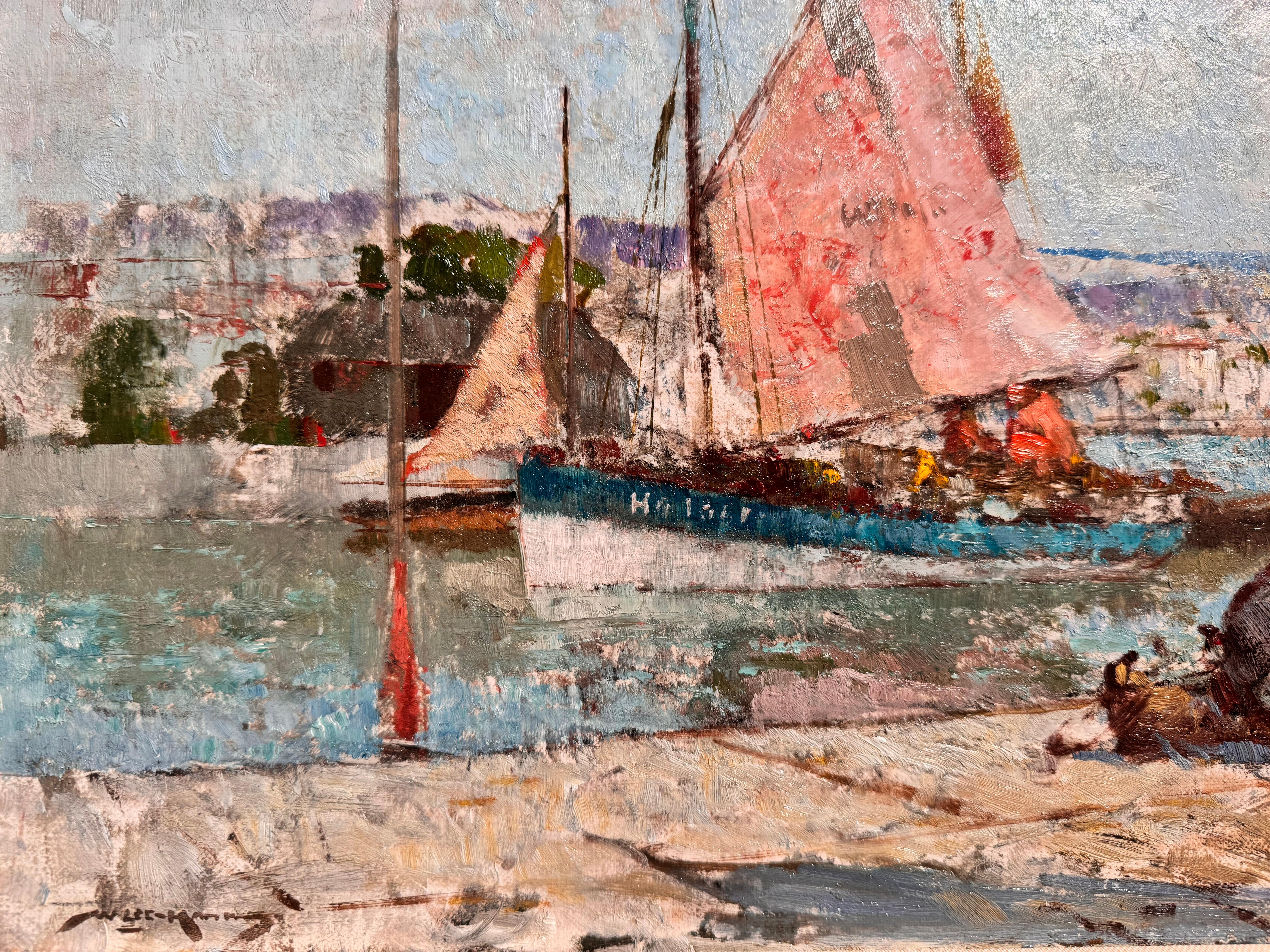 Red Sails at Honfleur par William Lee Hankey, cette peinture à l'huile saisissante représente la ville portuaire emblématique de Honfleur, en Normandie. Les voiles d'un rouge éclatant dominent la composition, leurs teintes chaudes contrastant