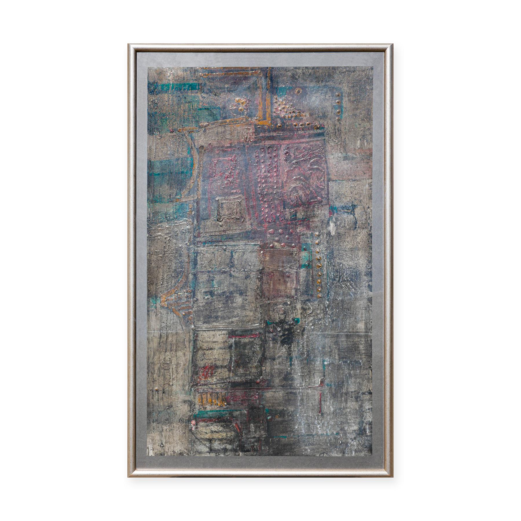 Dark gray and blue-toned abstract expressionist painting by Louisiana artist William Lee Moreland (William L. Moreland). The piece is framed behind glass and includes information on the piece at the back.

Dimensions Without Frame: H 27.5 in x W
