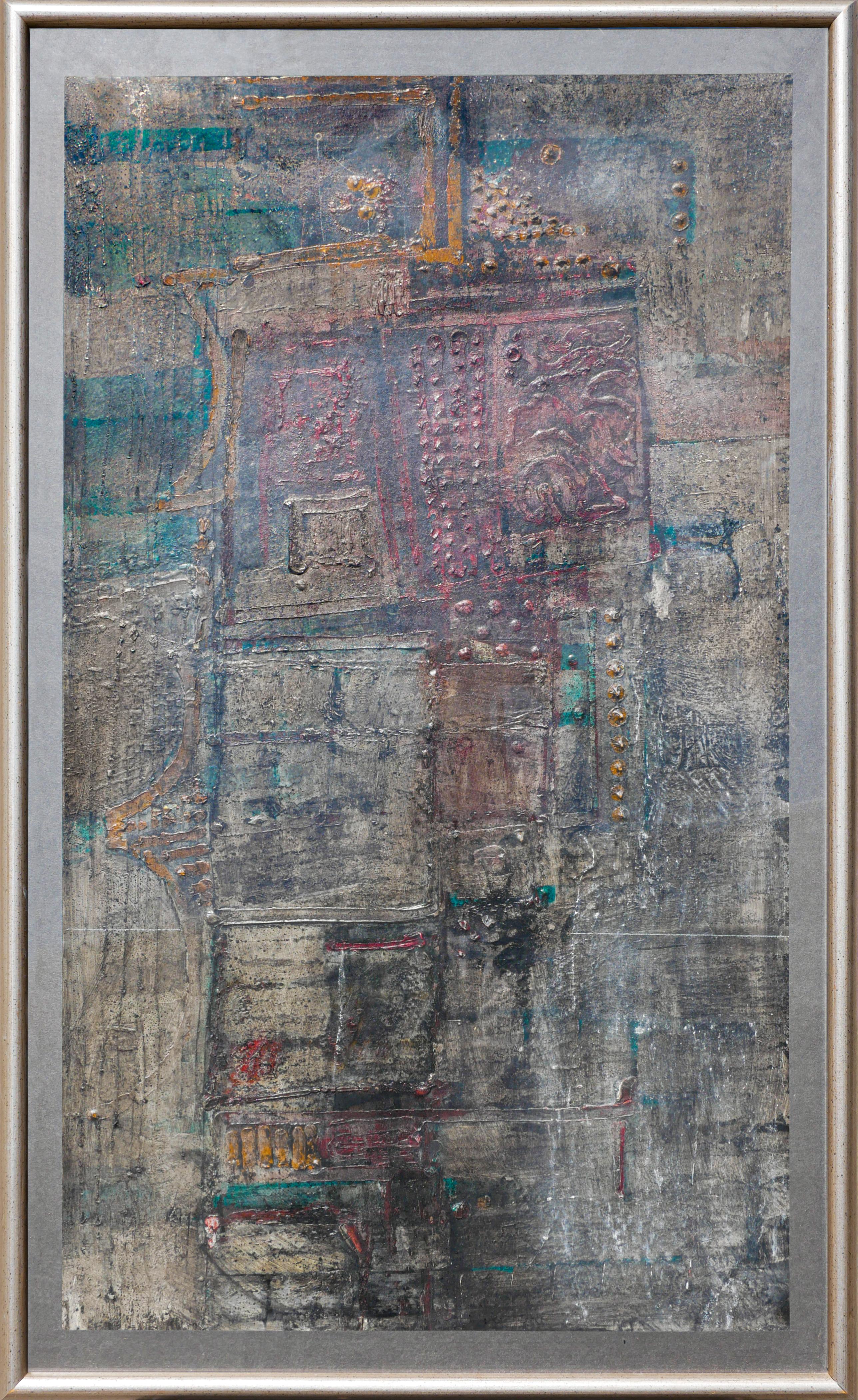 William Lee Moreland Abstract Painting - "Masked Figure" Blue and Gray Toned Abstract Expressionist Textured Painting