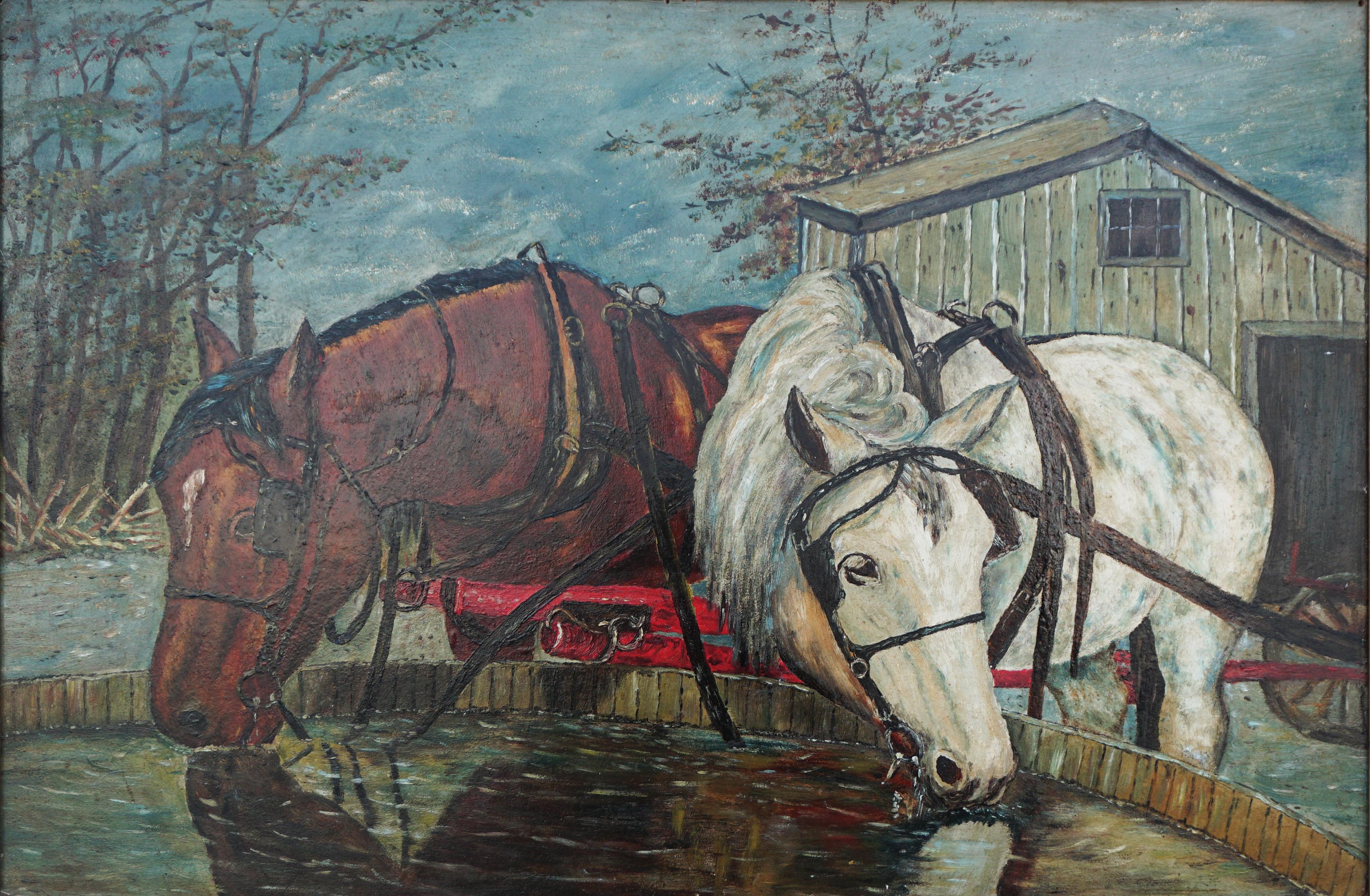1900's Horses at the Trough  - Painting by William Lemos