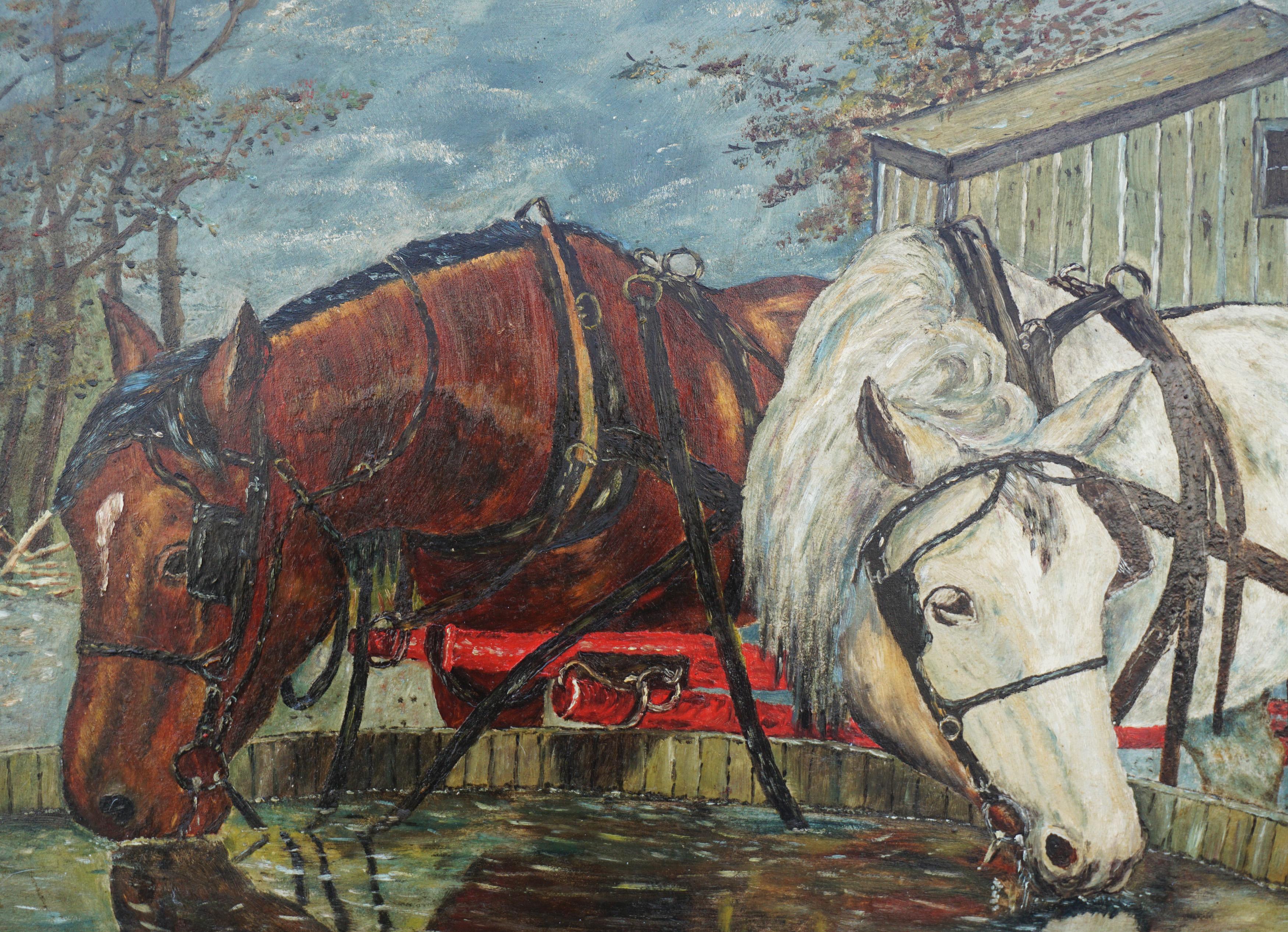 1900's Horses at the Trough  - Gray Landscape Painting by William Lemos