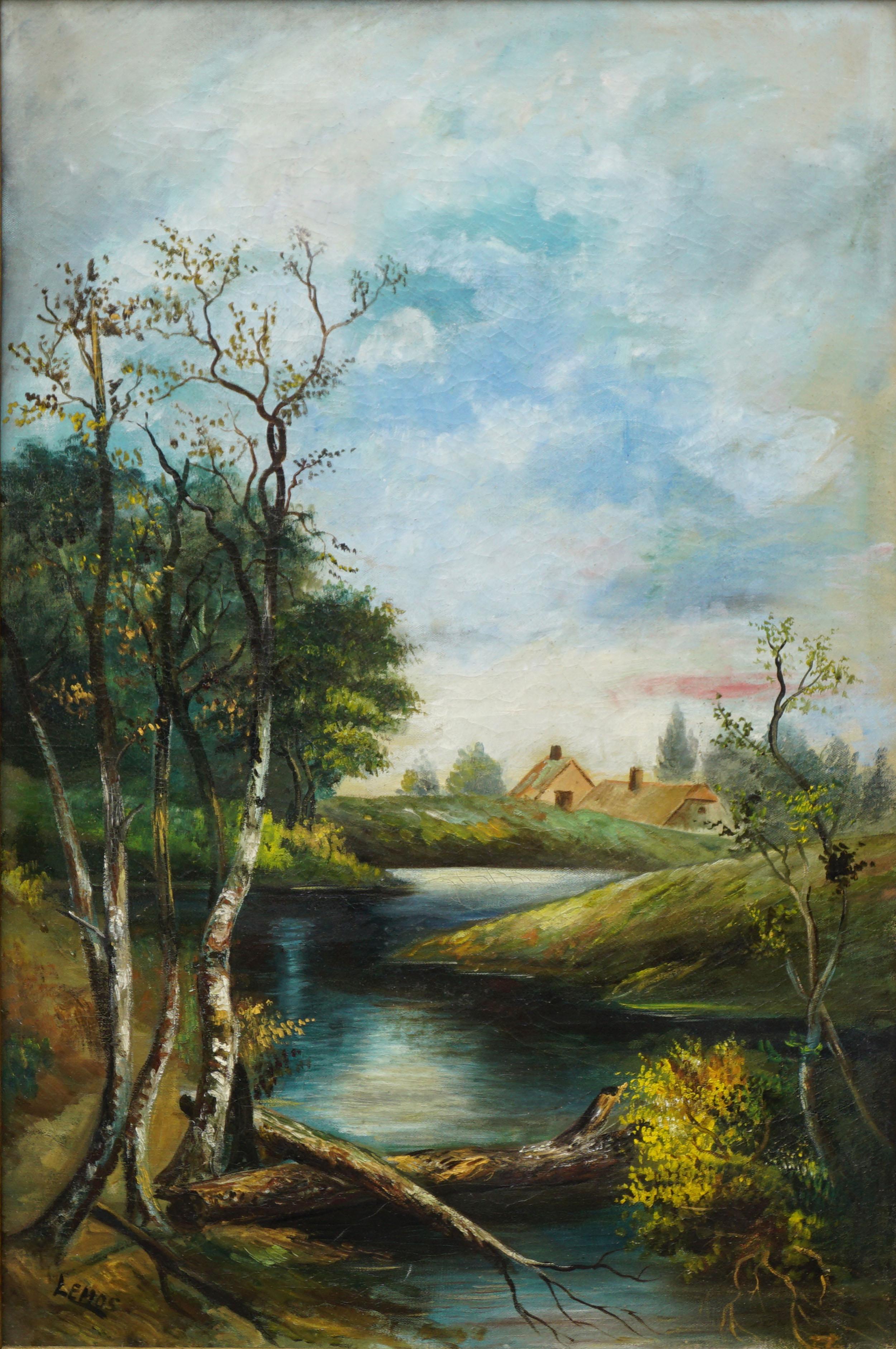 Large Early 20th Century Country Stream at College Lake Landscape  - Painting by William Lemos
