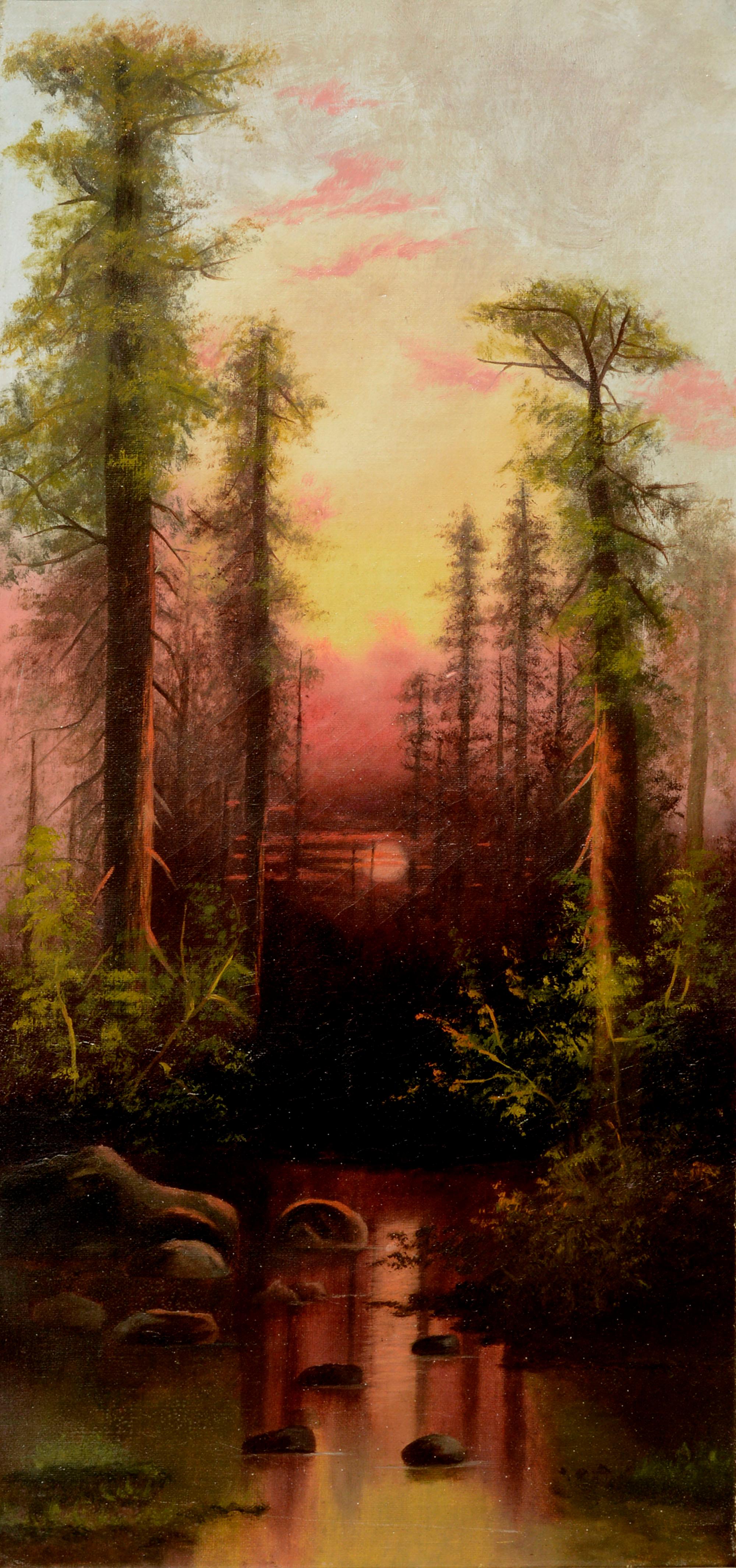 Paisaje de reflejos del atardecer en el bosque de secuoyas de principios del siglo XX - Painting de William Lemos