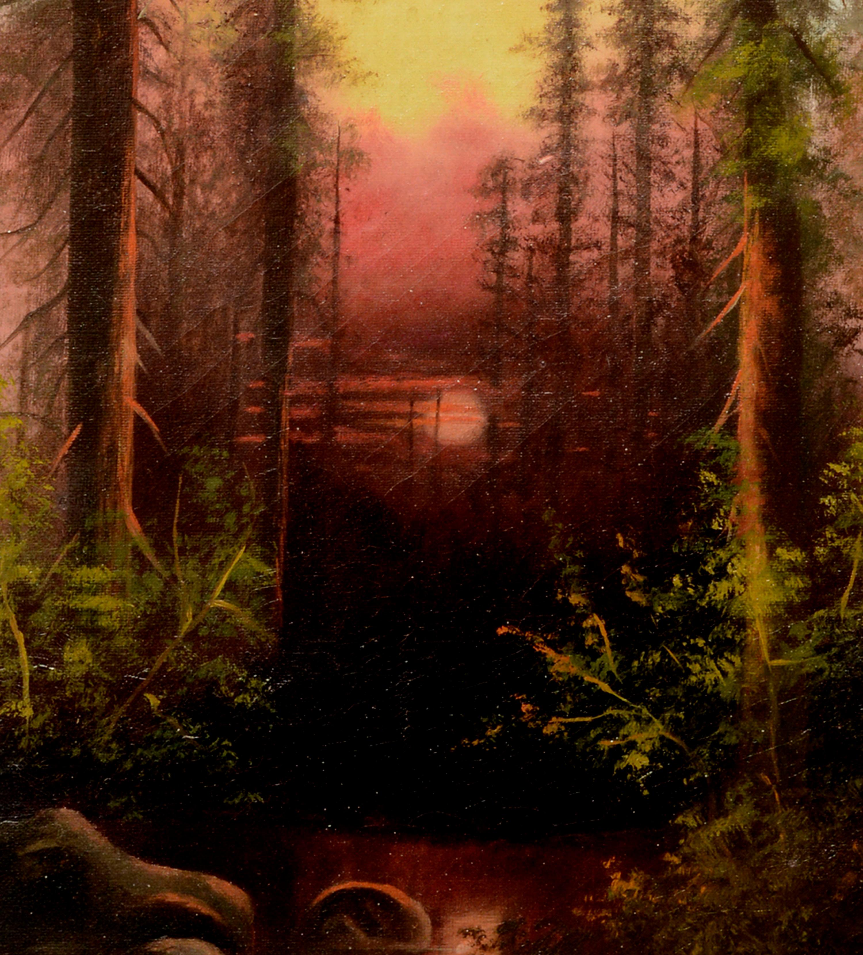 Paisaje de reflejos del atardecer en el bosque de secuoyas de principios del siglo XX - Painting Tonalista de William Lemos