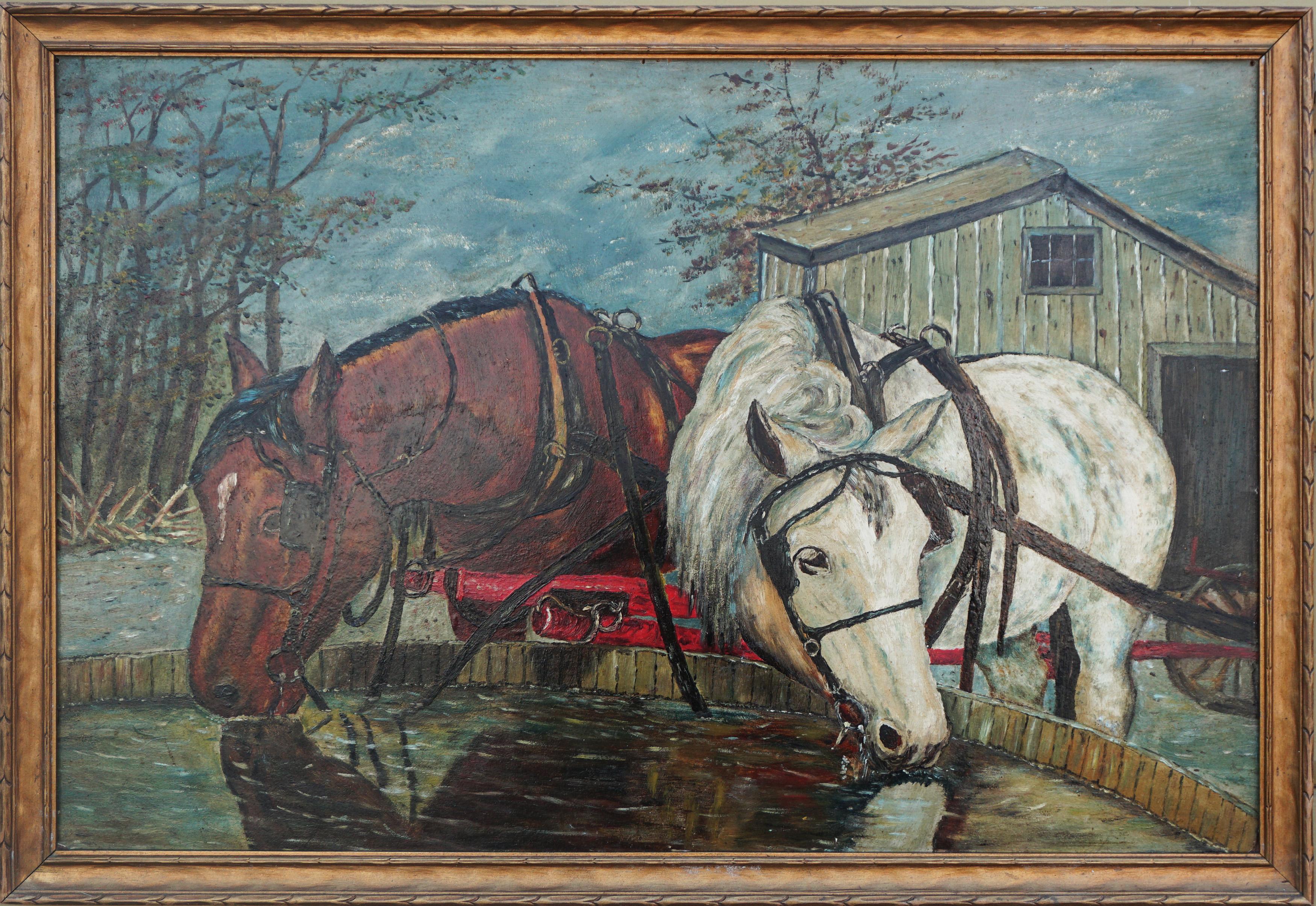 William Lemos Figurative Painting - Mid Century Horses at the Trough 