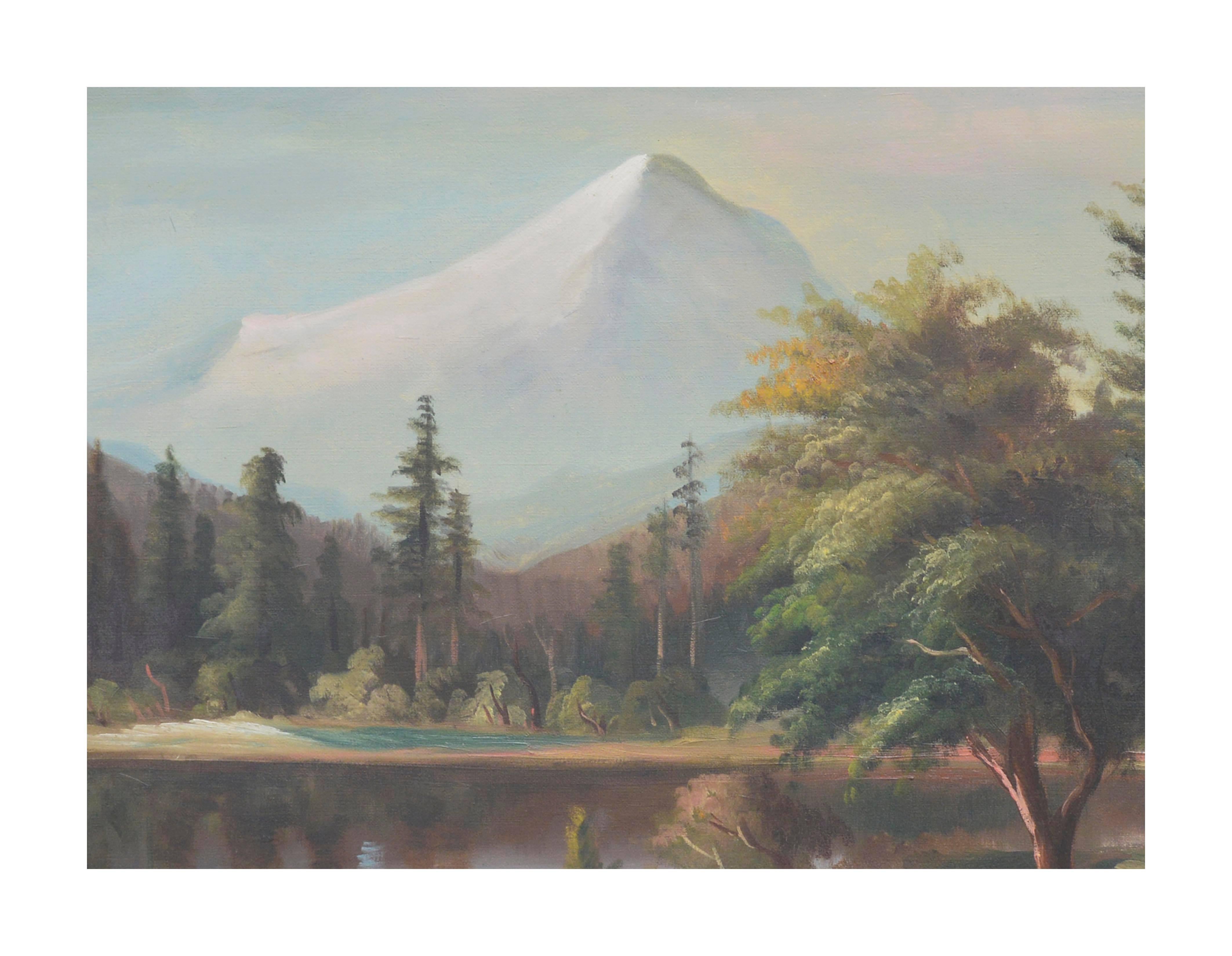 Mount Hood From Clear Lake, Early 20th Century Large-Scale Panoramic Landscape - Painting by William Lemos